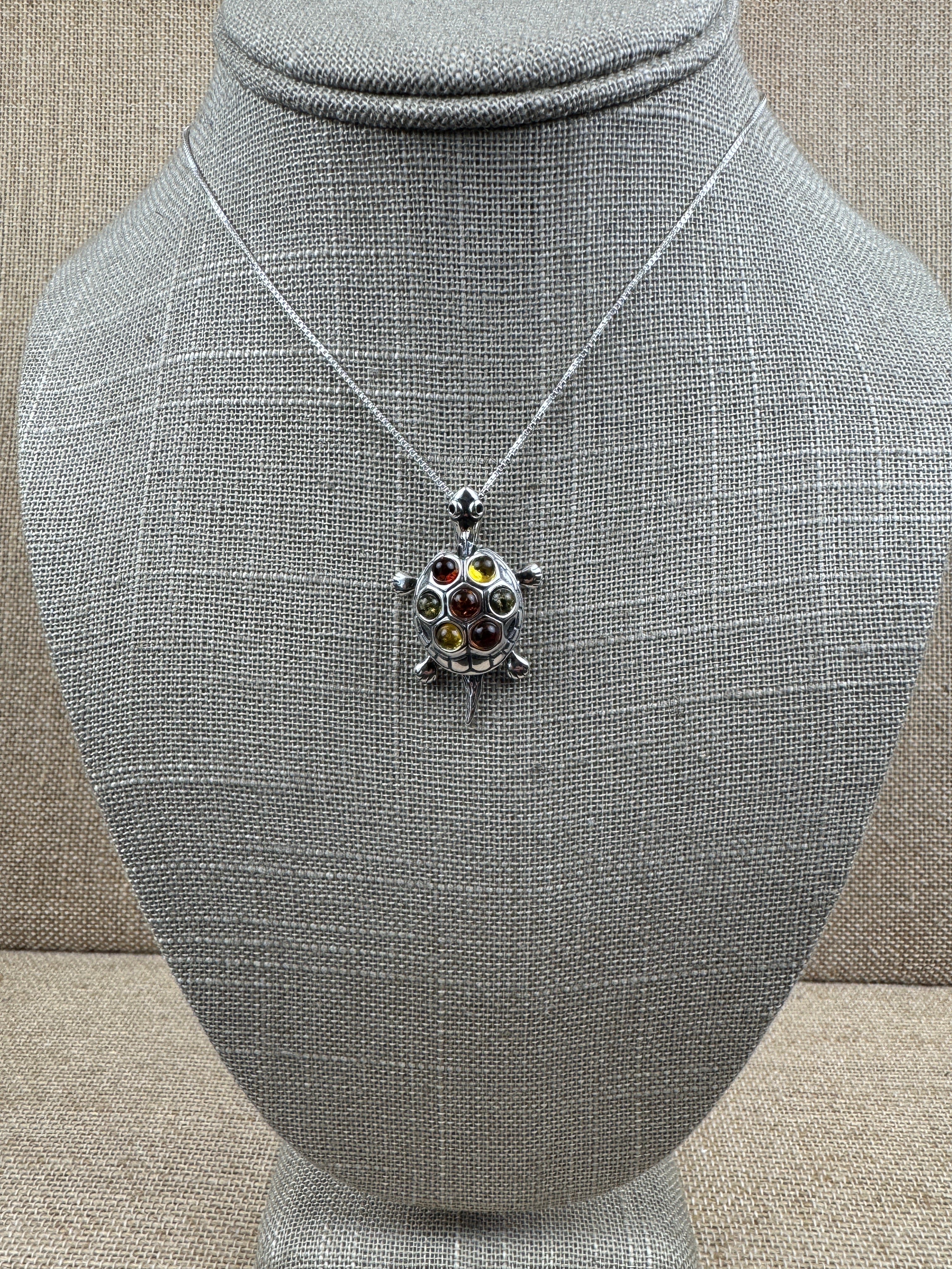 Multicolor Baltic Amber Turtle Pendant – Sterling Silver & Full of Charm  / Sterling Silver Chain