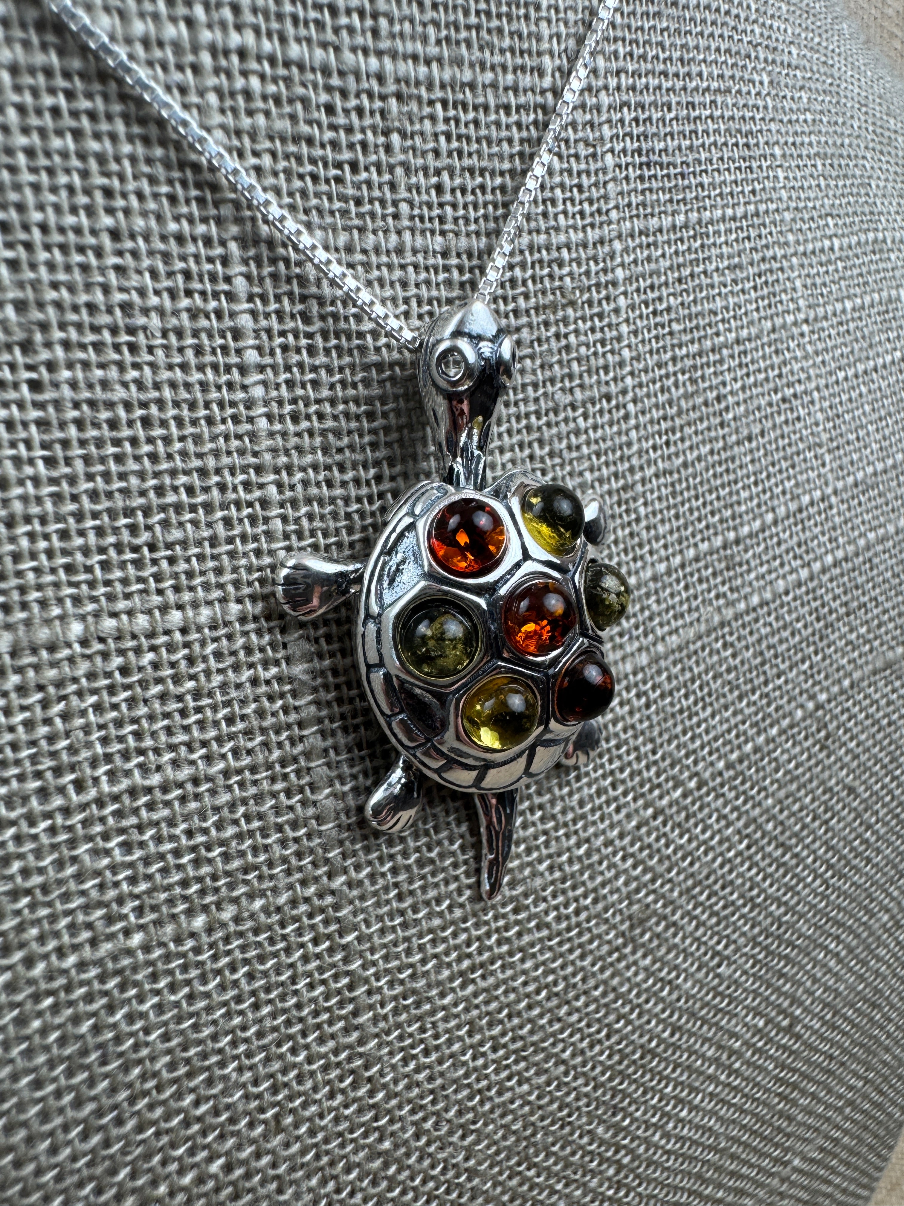 Multicolor Baltic Amber Turtle Pendant – Sterling Silver & Full of Charm  / Sterling Silver Chain