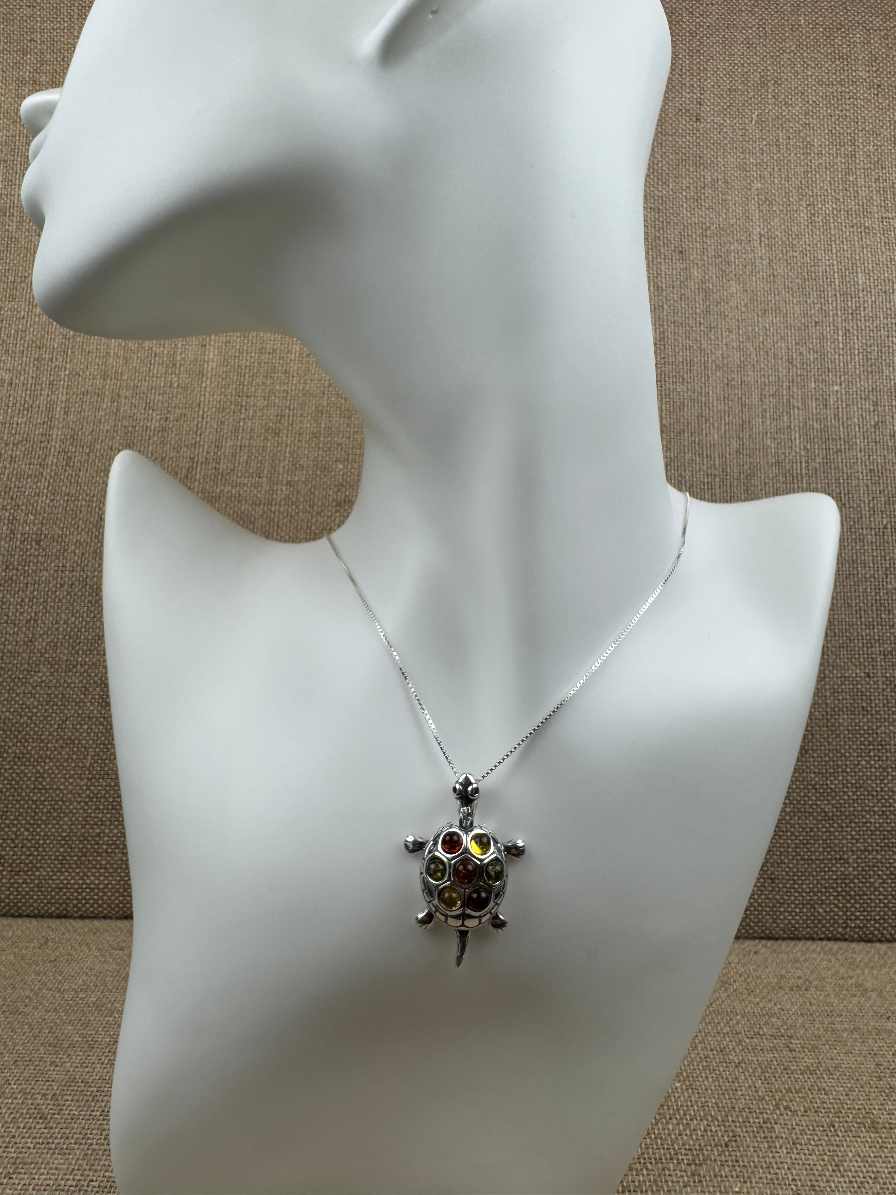 Multicolor Baltic Amber Turtle Pendant – Sterling Silver & Full of Charm  / Sterling Silver Chain