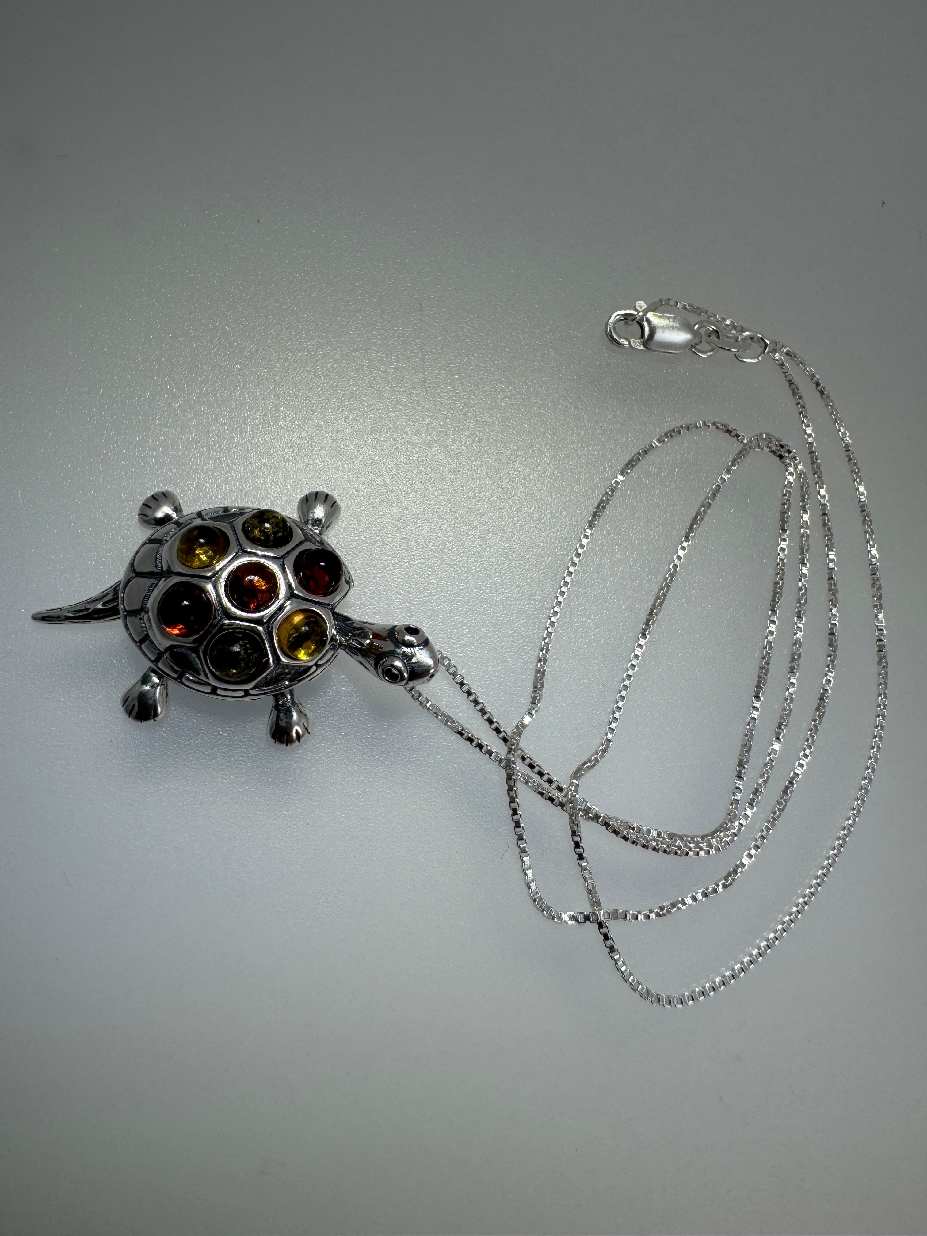 Multicolor Baltic Amber Turtle Pendant – Sterling Silver & Full of Charm  / Sterling Silver Chain