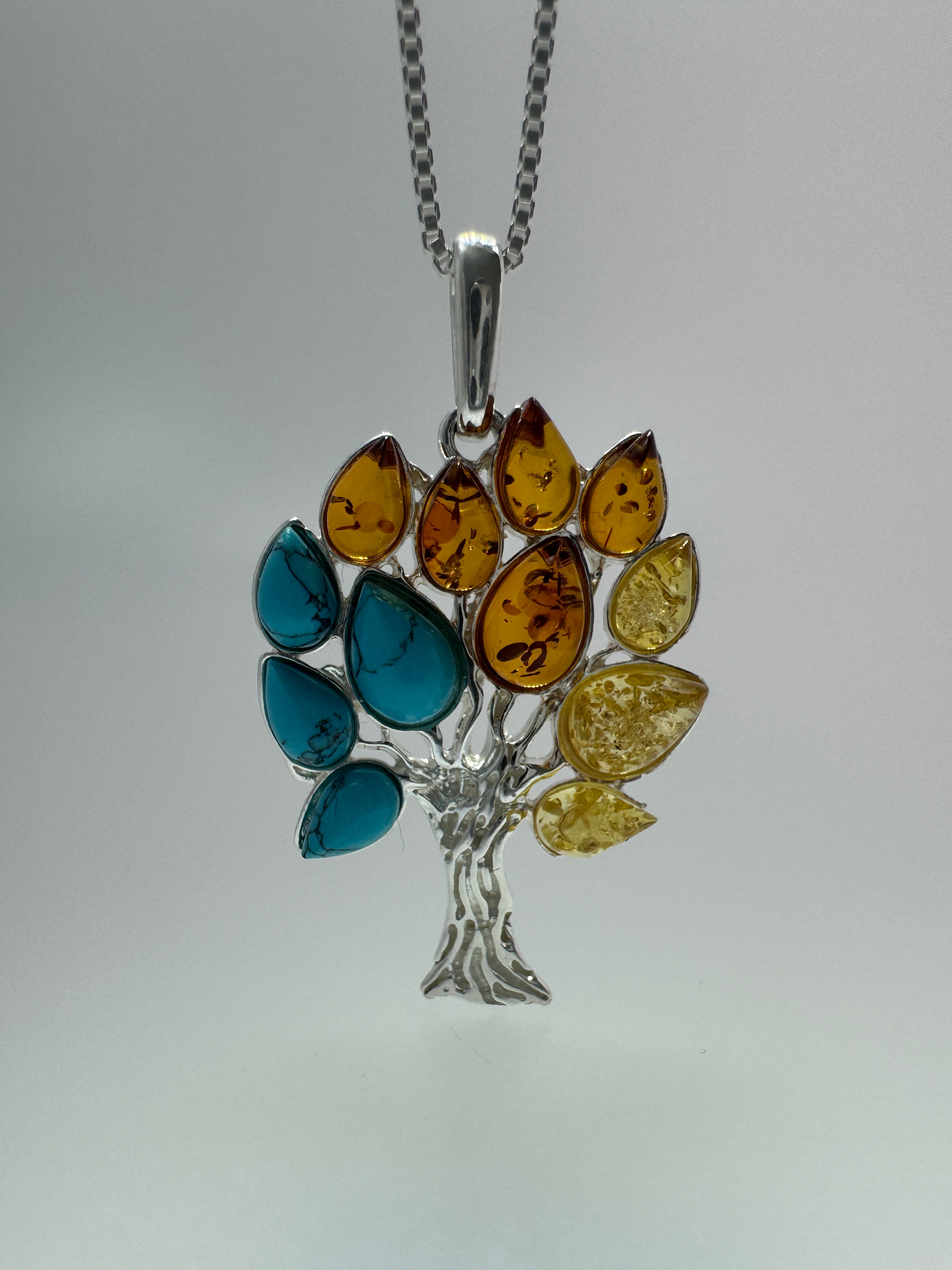 Sterling Silver Tree of Life Pendant – Lemon Amber, Cognac Amber & Turquoise Harmony - Shipped on Sterling Silver Chain