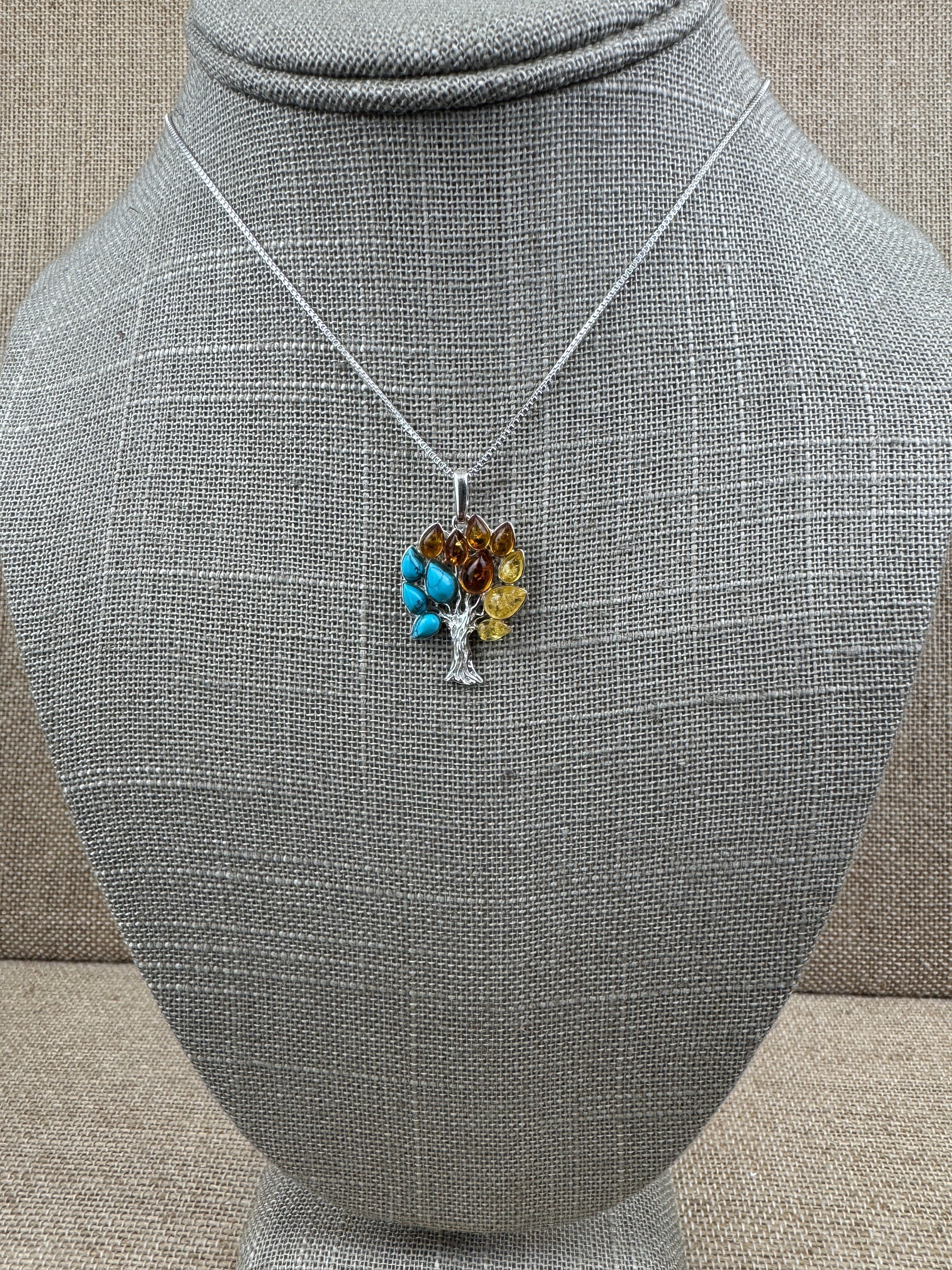 Sterling Silver Tree of Life Pendant – Lemon Amber, Cognac Amber & Turquoise Harmony - Shipped on Sterling Silver Chain