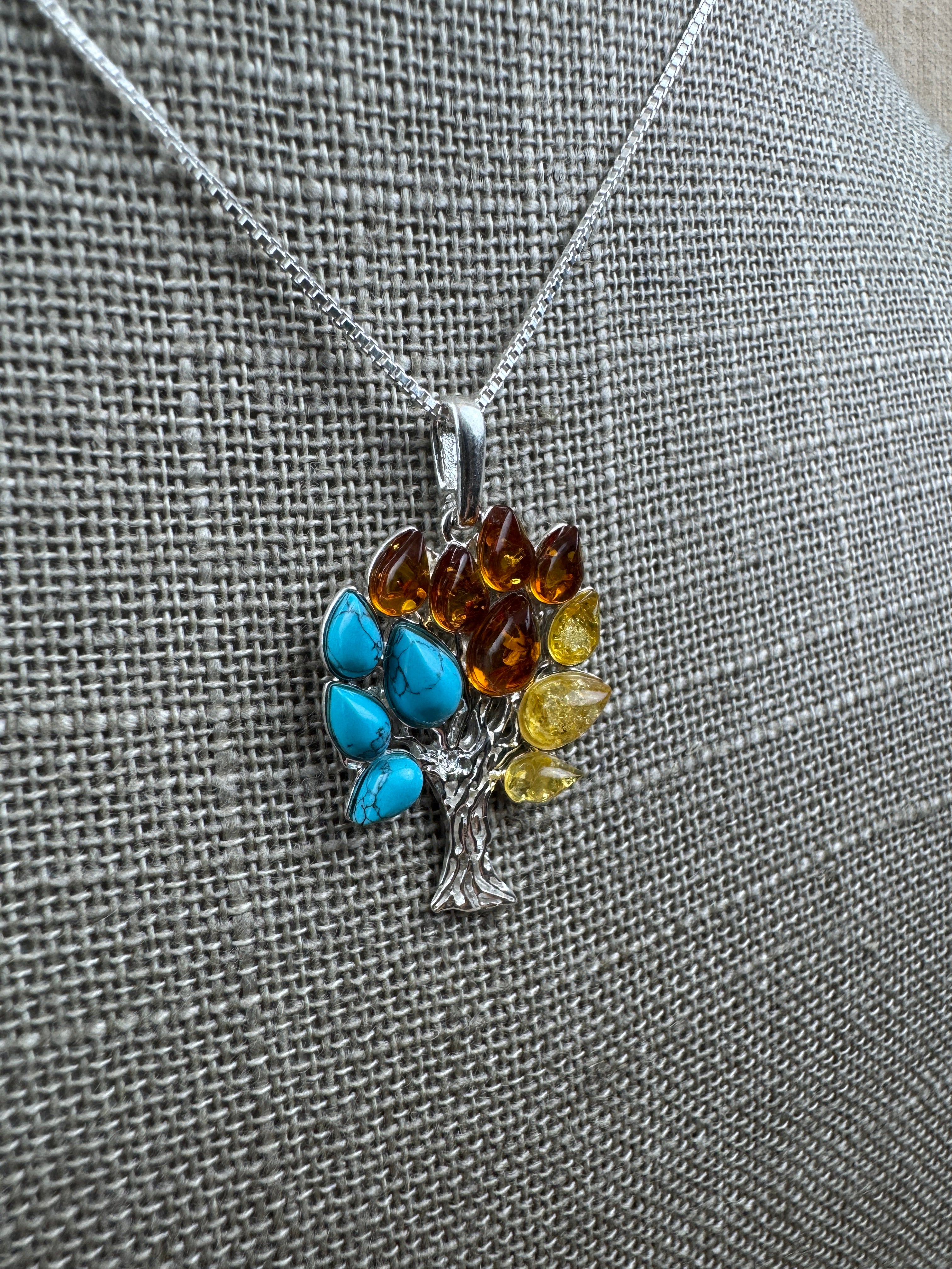 Sterling Silver Tree of Life Pendant – Lemon Amber, Cognac Amber & Turquoise Harmony - Shipped on Sterling Silver Chain