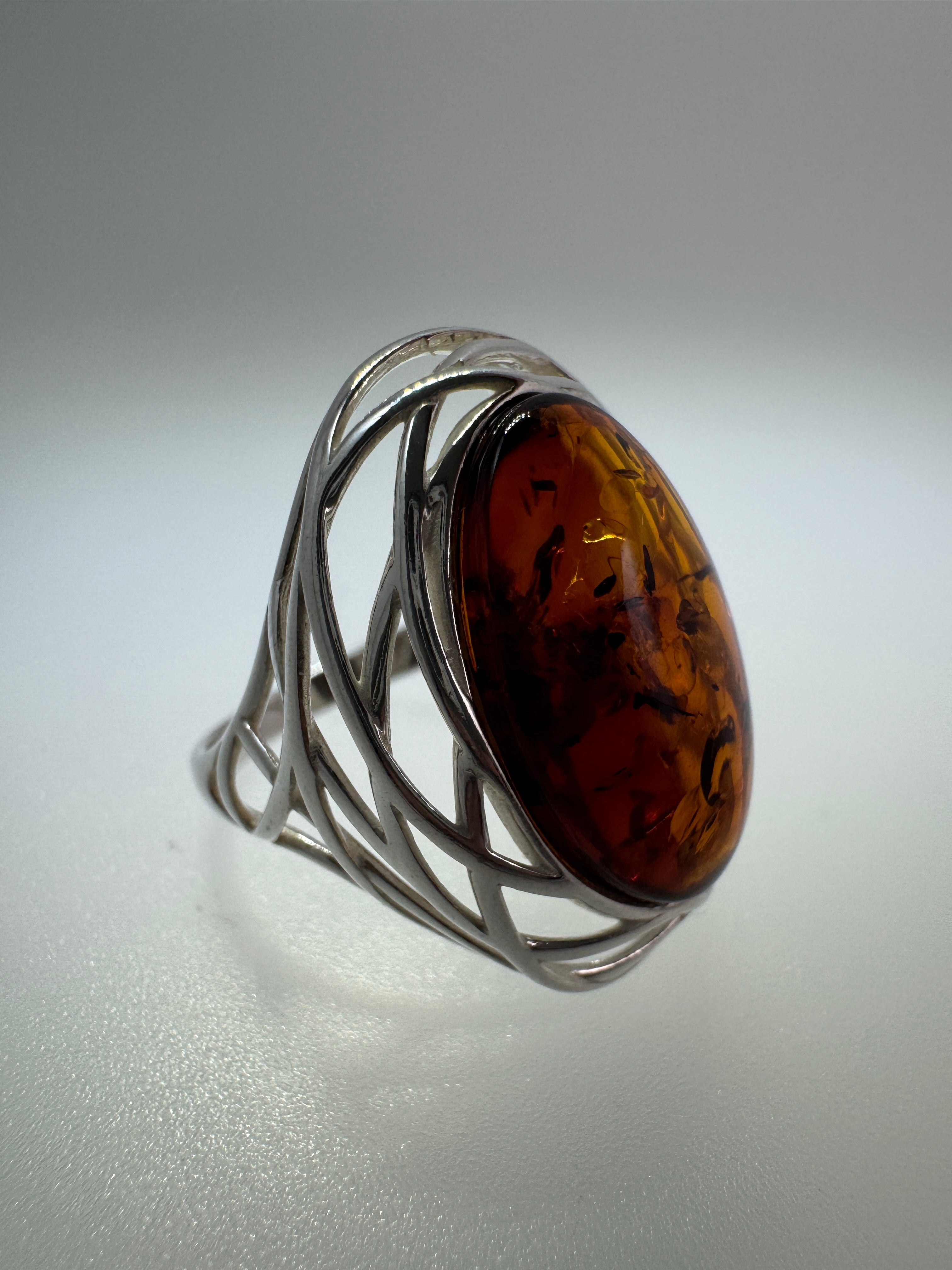 Sterling Silver Honey Cognac Baltic Amber Cabochon Ring – Netted Silver Design, Handmade