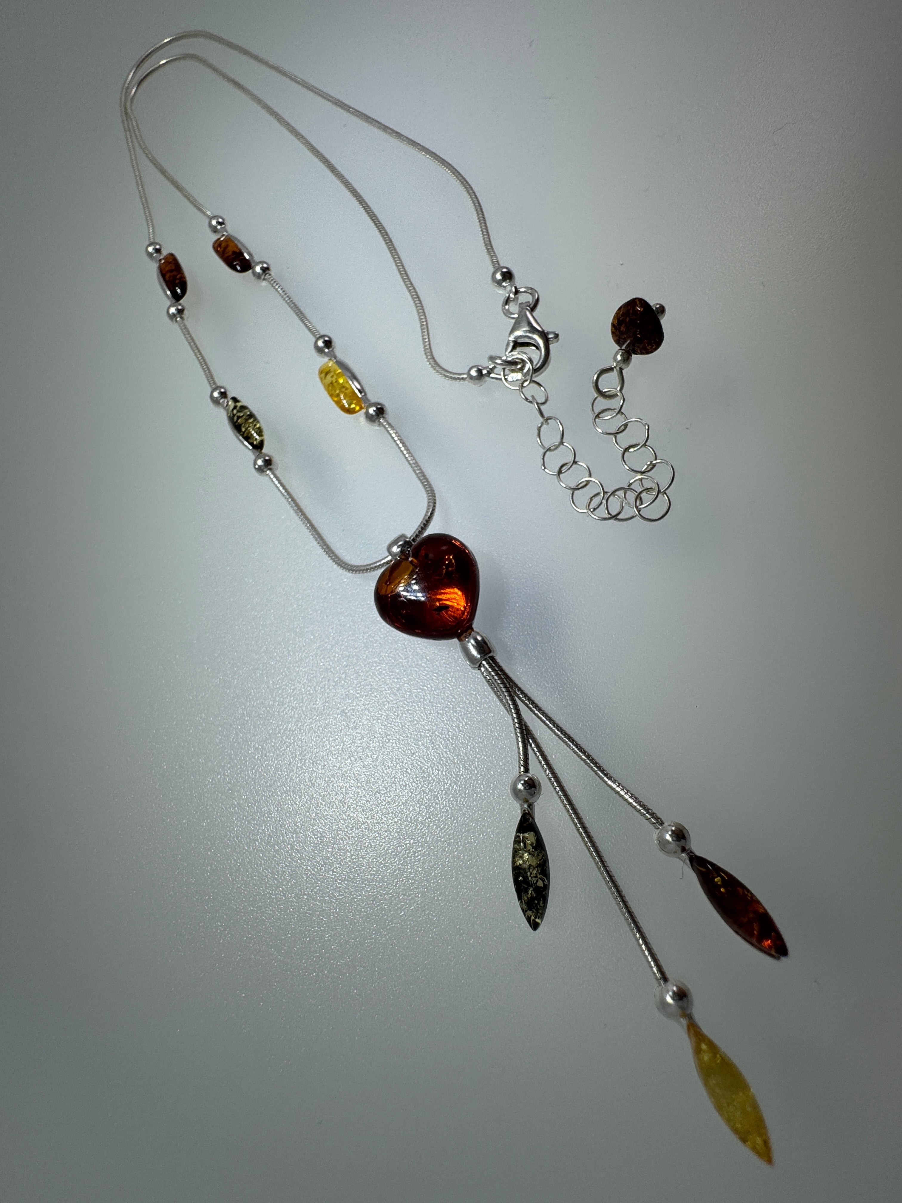 Multicolor Baltic Amber Lariat Necklace – Sterling Silver with Cognac Heart & Hanging Amber Drops