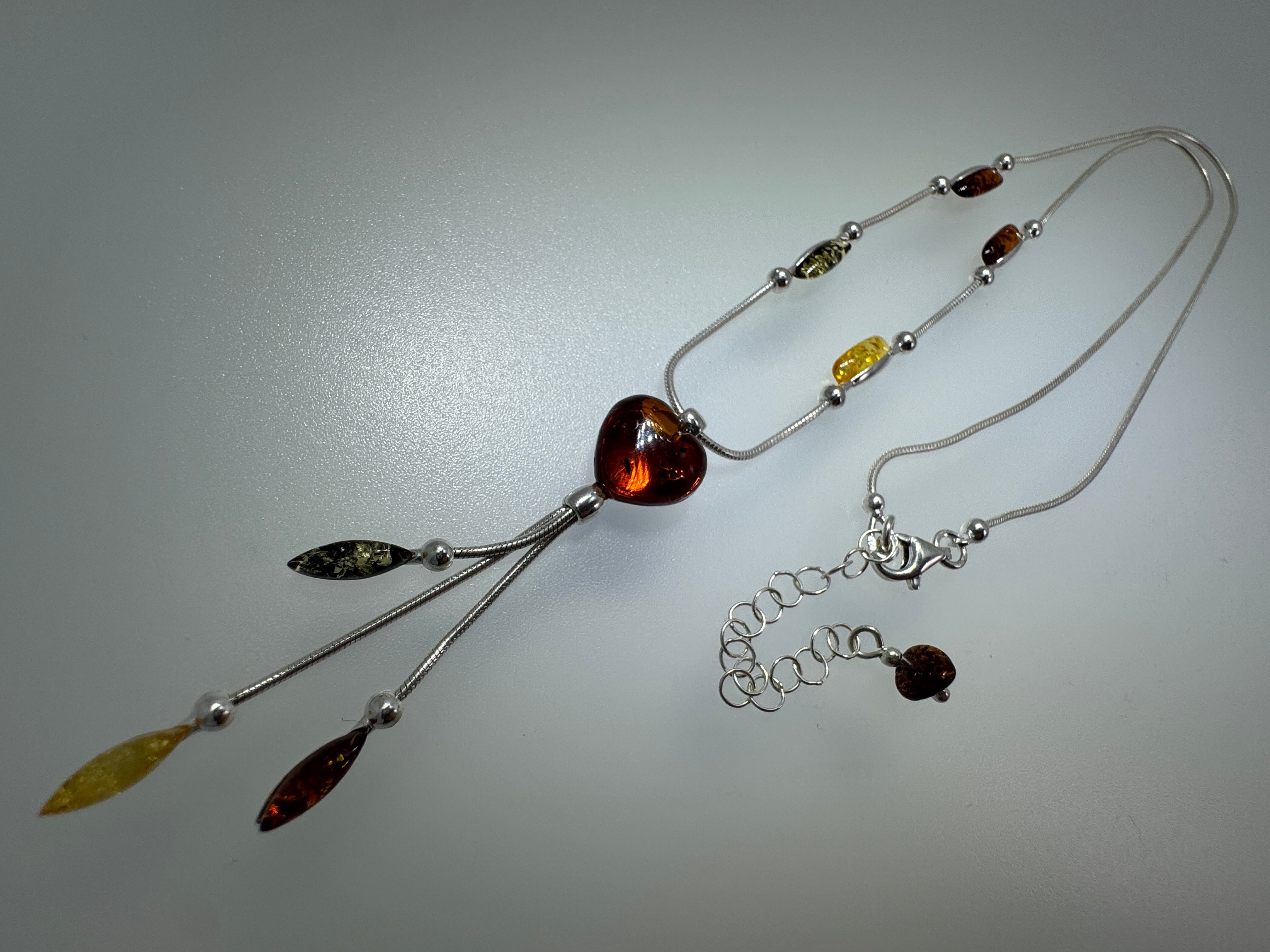 Multicolor Baltic Amber Lariat Necklace – Sterling Silver with Cognac Heart & Hanging Amber Drops