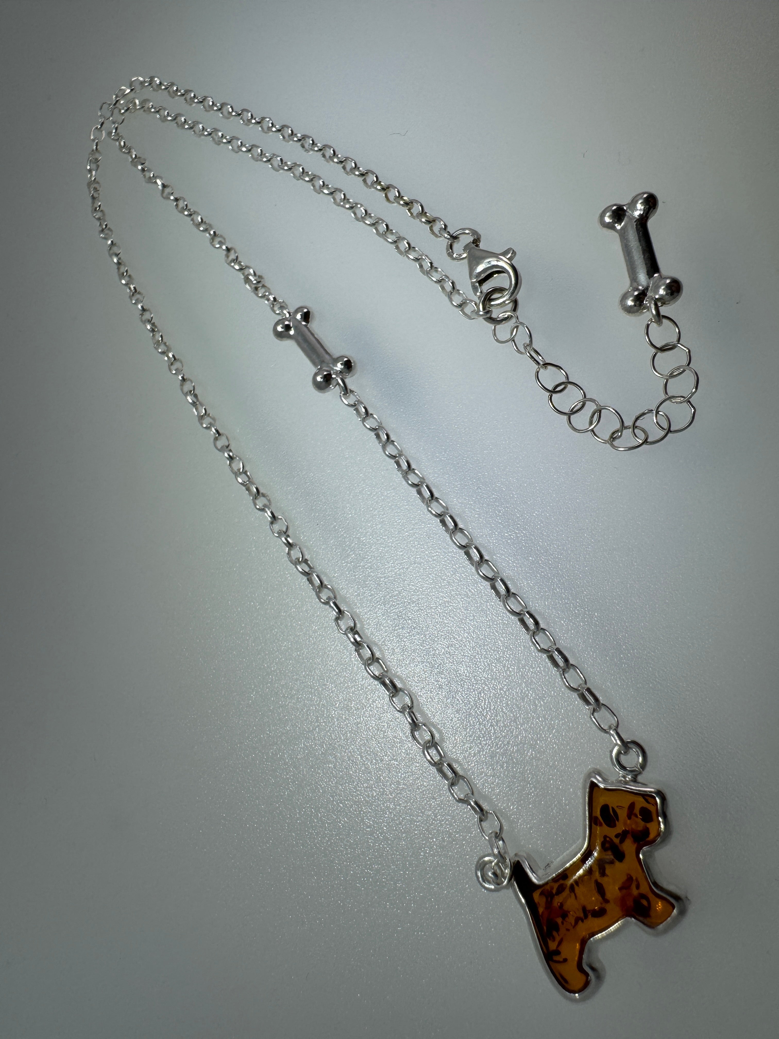 Sterling Silver Dog & Bone Necklace – Hand-Carved Honey Baltic Amber Pup with Extension Charm