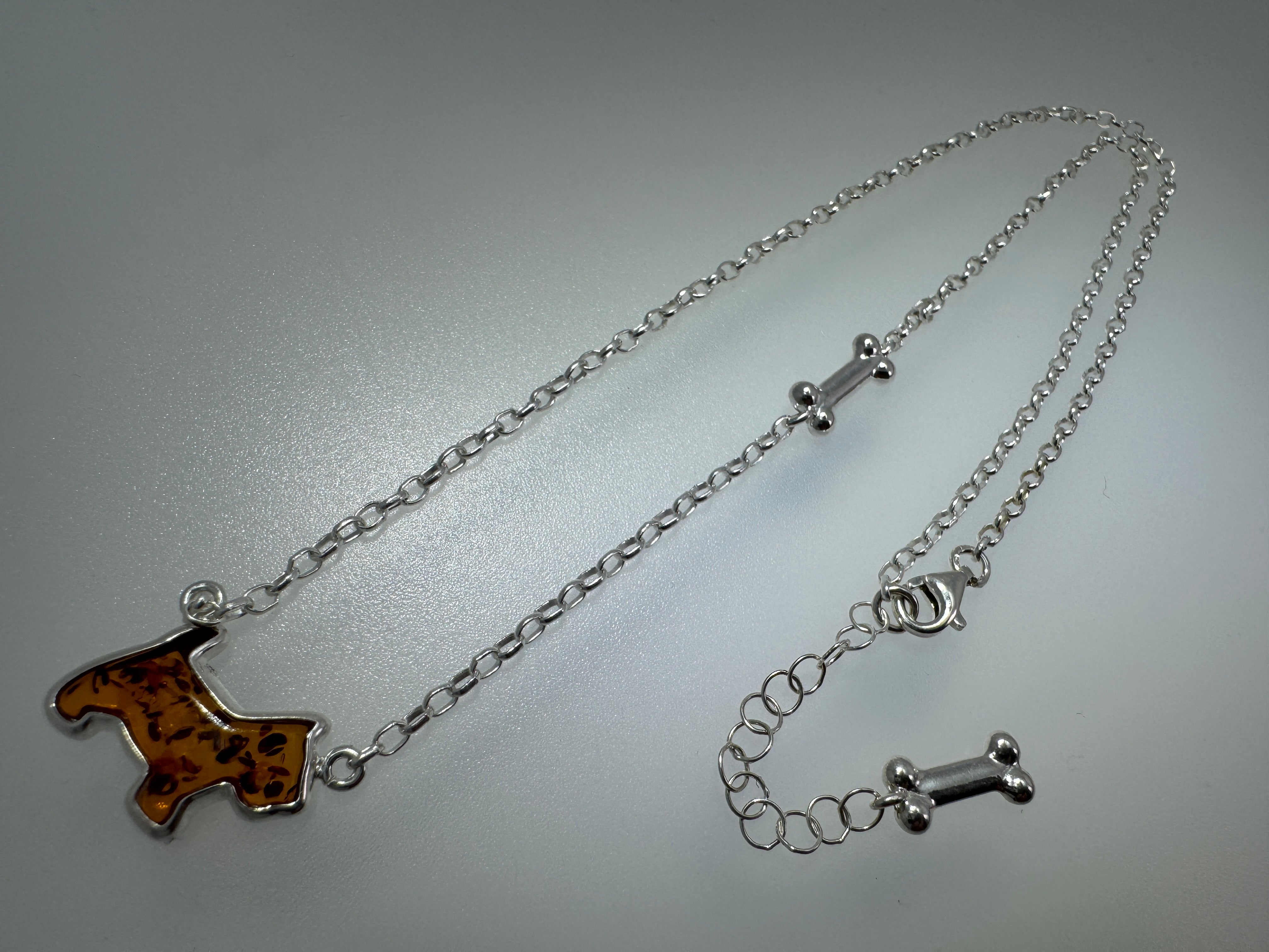 Sterling Silver Dog & Bone Necklace – Hand-Carved Honey Baltic Amber Pup with Extension Charm