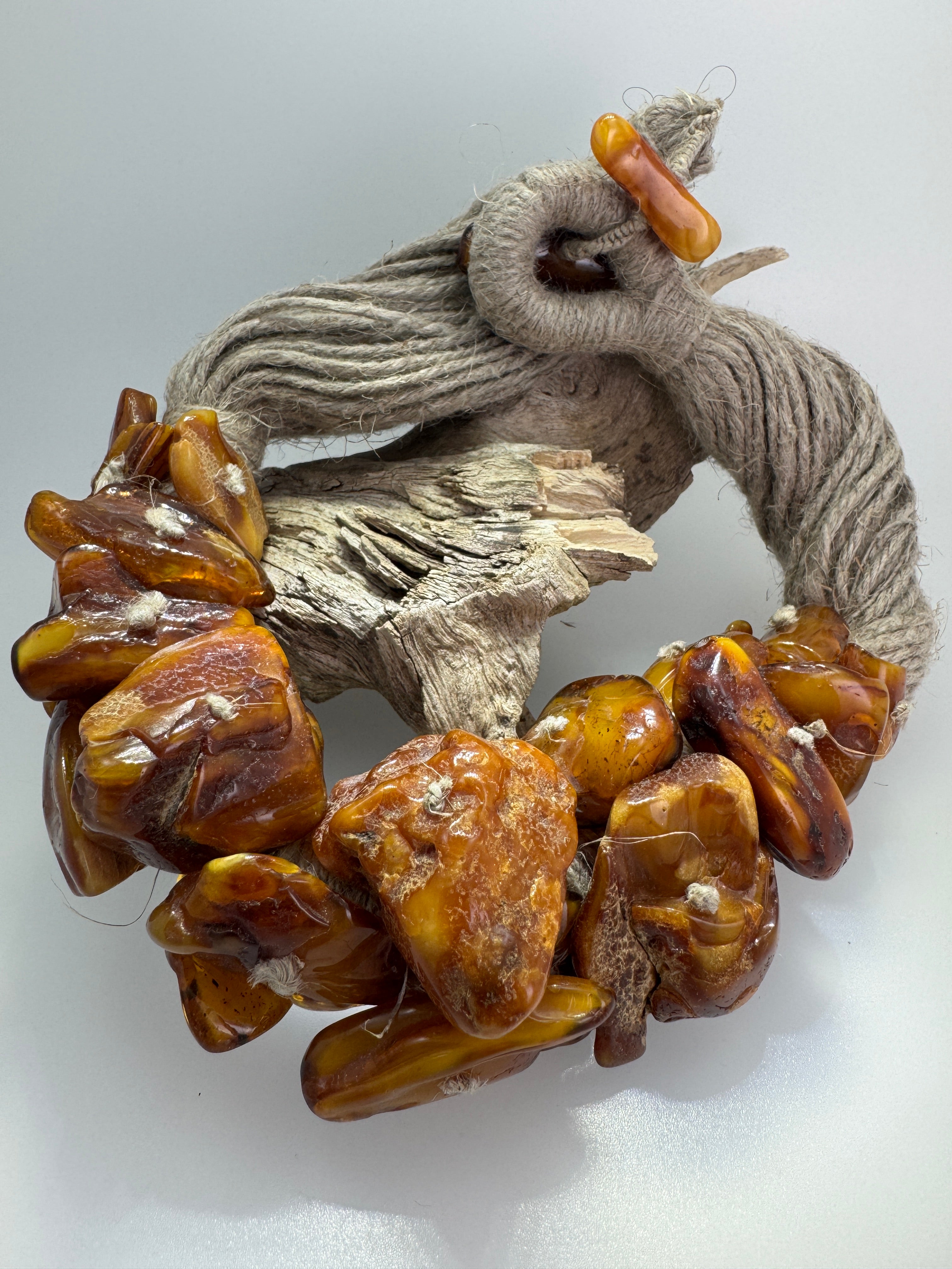 One-of-a-Kind Museum Quality Wool Fiber and Butterscotch Amber Necklace – 19 Inch Statement