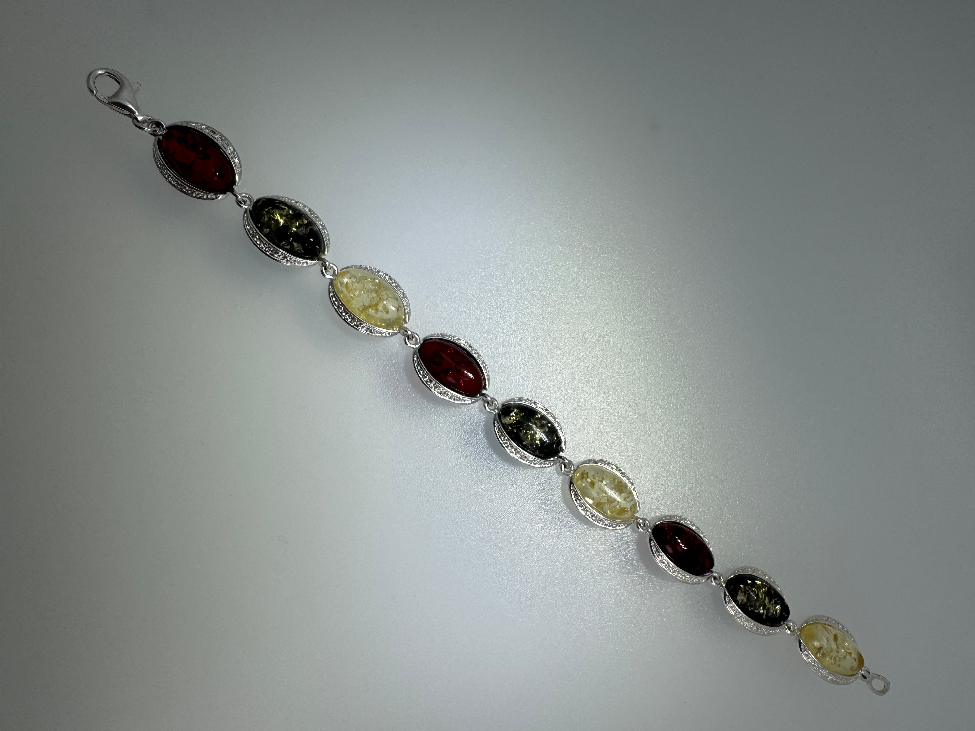 Baltic Amber Sterling Silver Link Bracelet – Cognac, Green, and Lemon Gemstone Jewelry