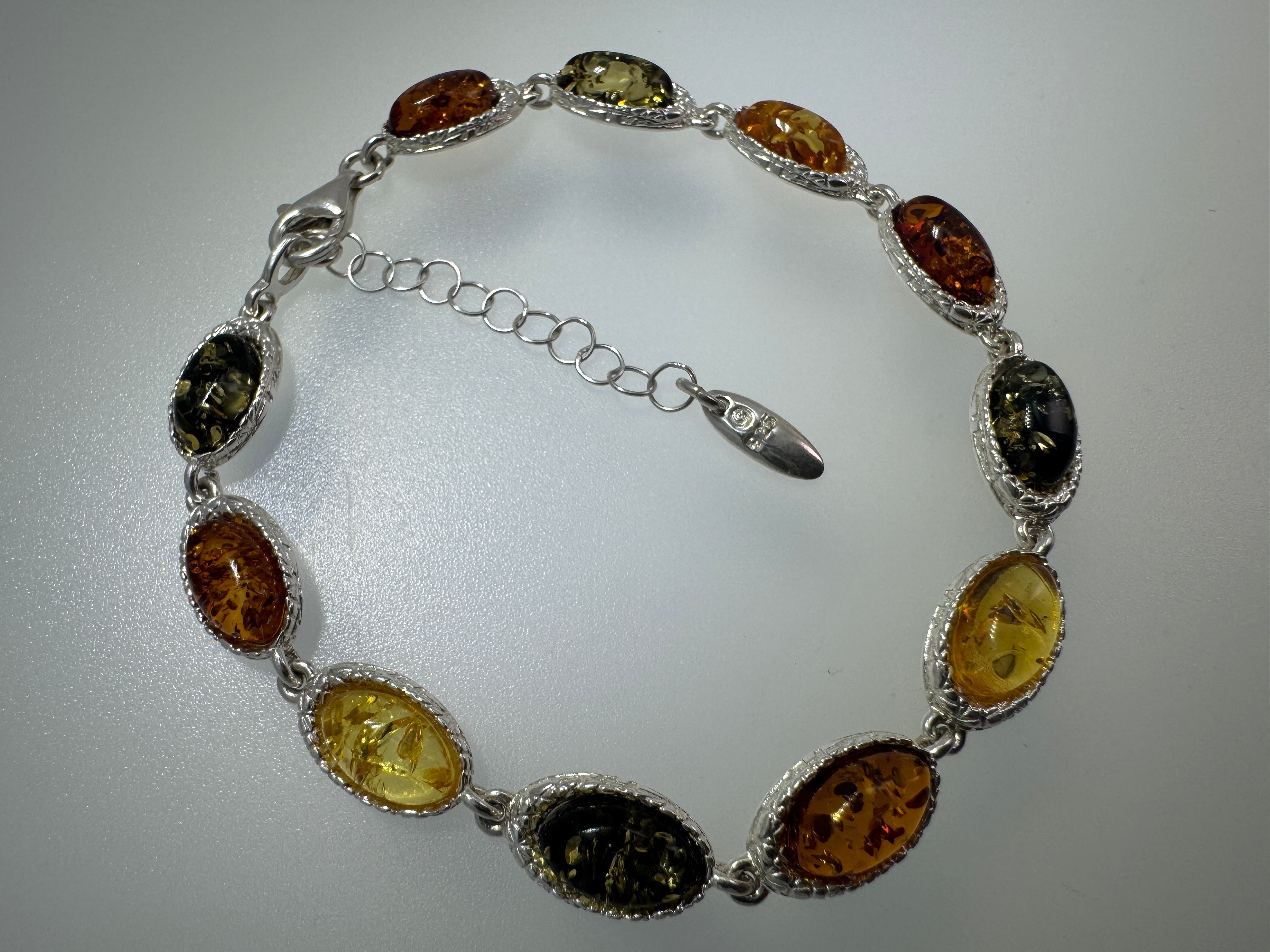 Sterling Silver Multicolor Baltic Amber Link Bracelet - Cognac, Lemon & Green - 7" + 1.5" Extension