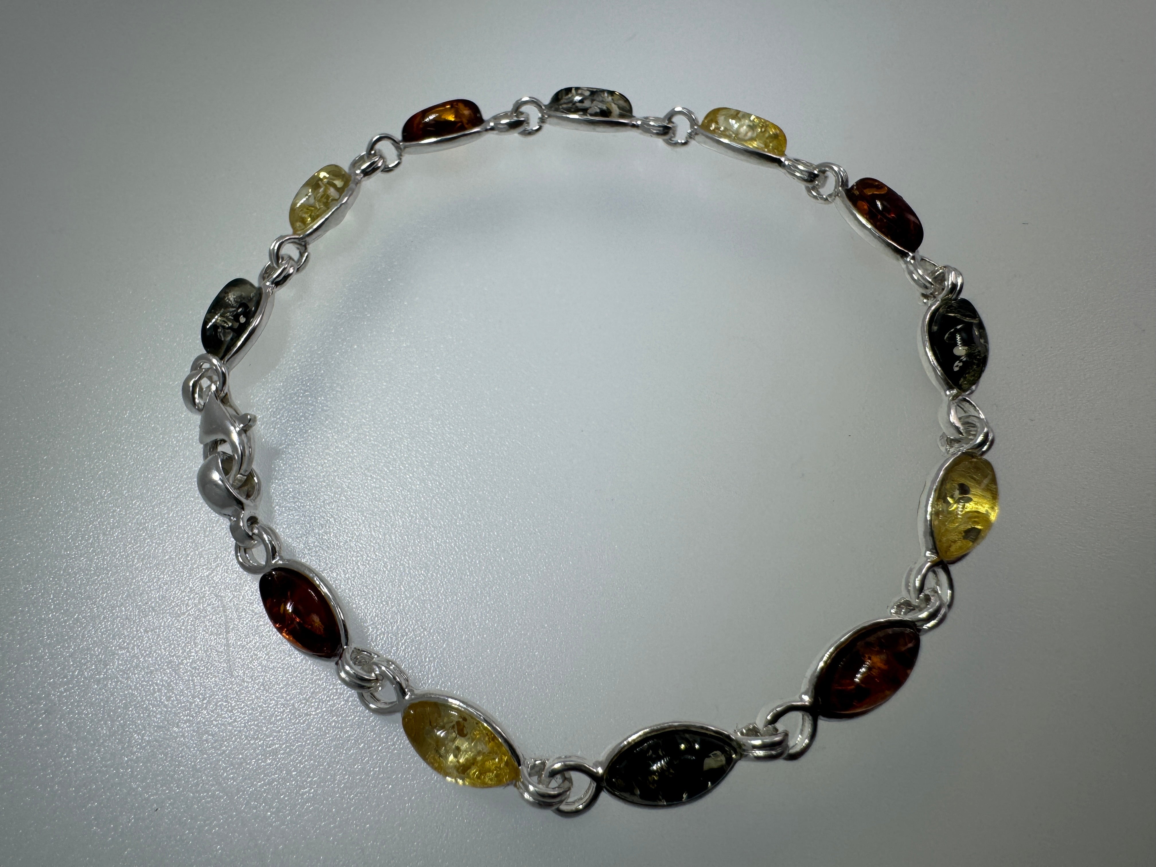 Genuine Baltic Amber Dainty Bracelet – Lemon, Green, Cognac Amber in Sterling Silver - 7.25” Sterling Silver Chain