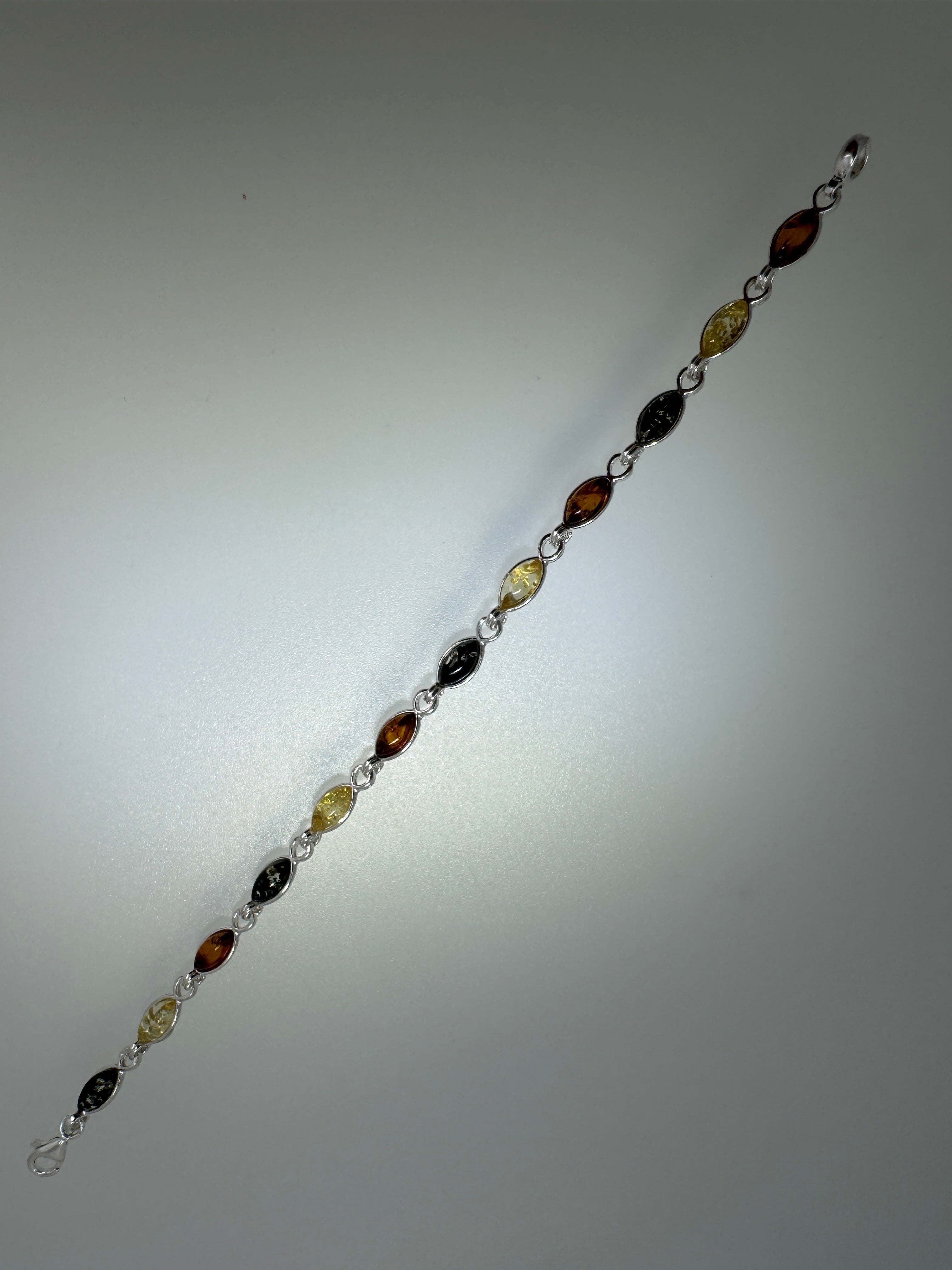 Genuine Baltic Amber Dainty Bracelet – Lemon, Green, Cognac Amber in Sterling Silver - 7.25” Sterling Silver Chain