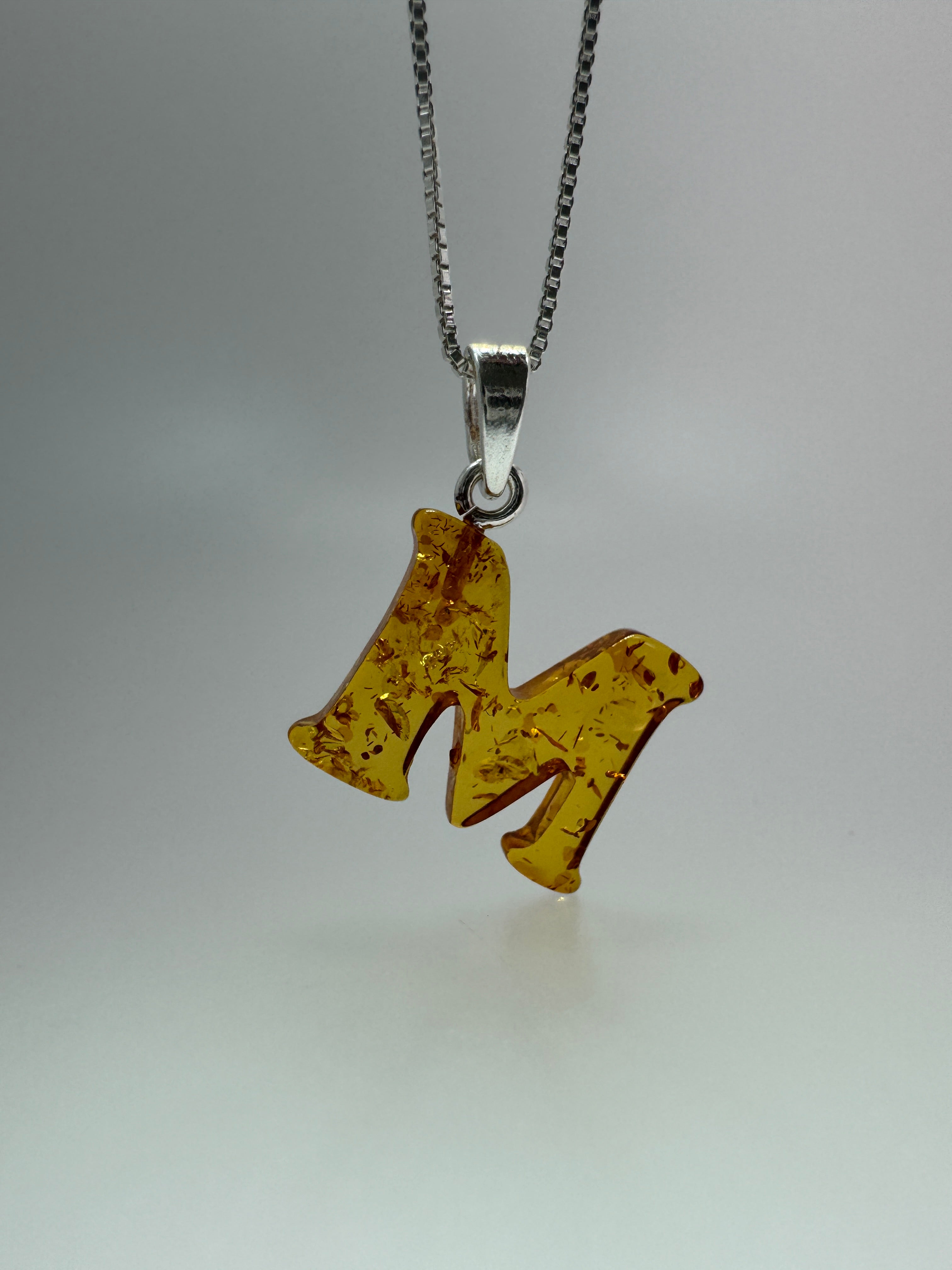 Personalized Baltic Amber Initial Pendant – Handcarved from one stone - shipped on choice of silver chain.