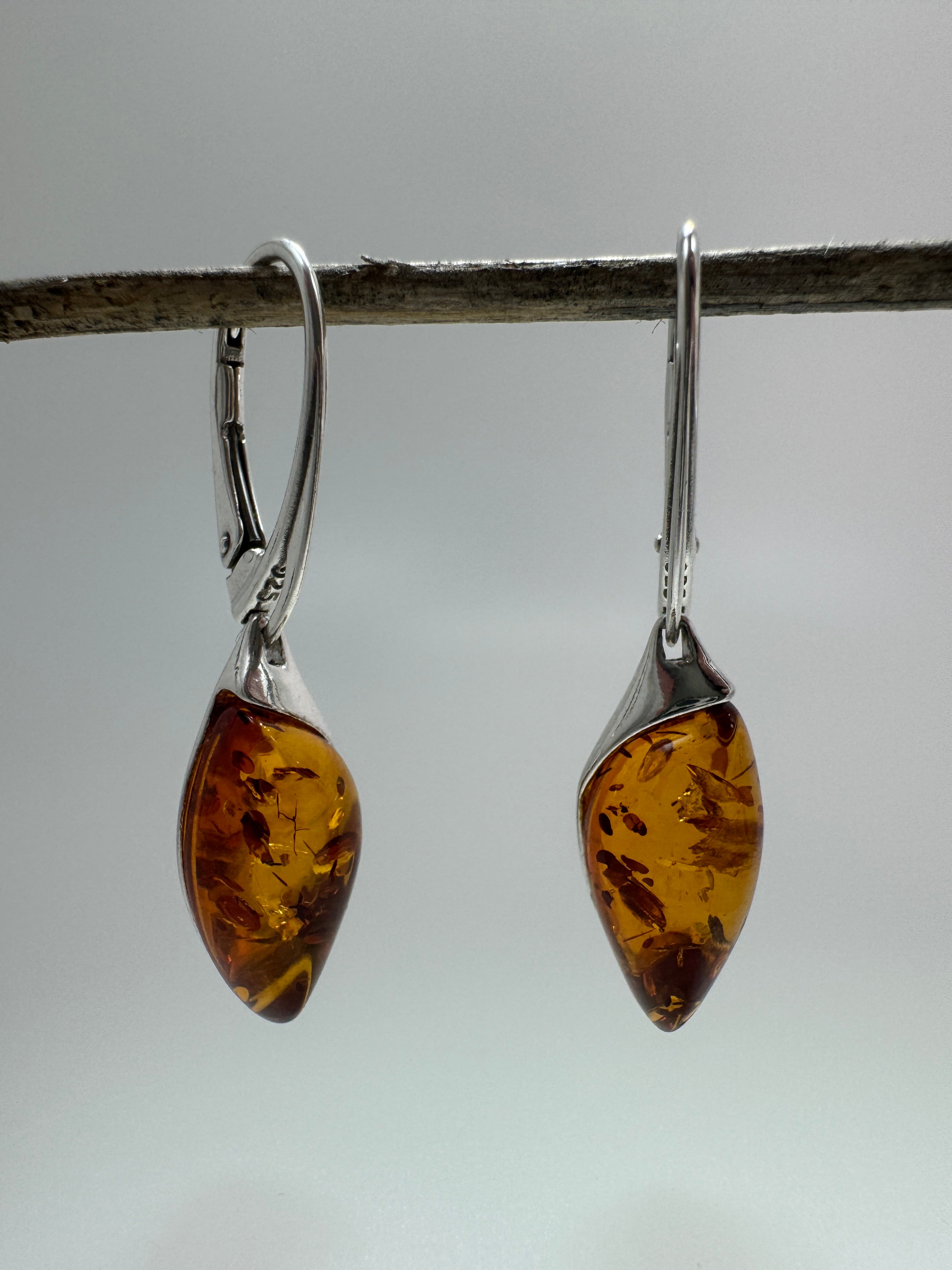 Marquise Baltic Amber Dangle Earrings | Honey Cognac Sterling Silver Lever Backs Handmade in Poland