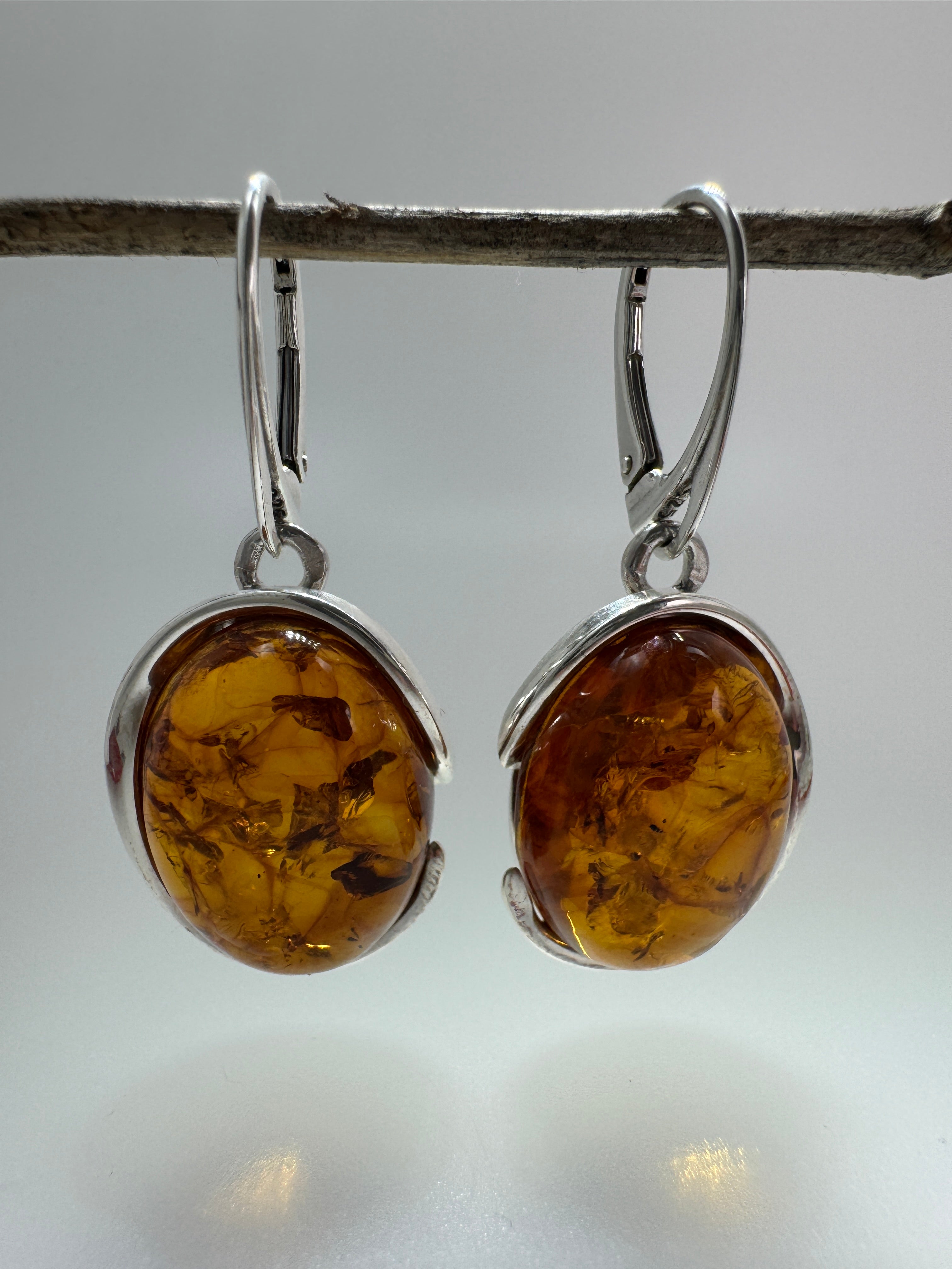 Large Genuine Baltic Amber Lever Back Earrings | Sterling Silver Cabochon Drops Handmade in Poland