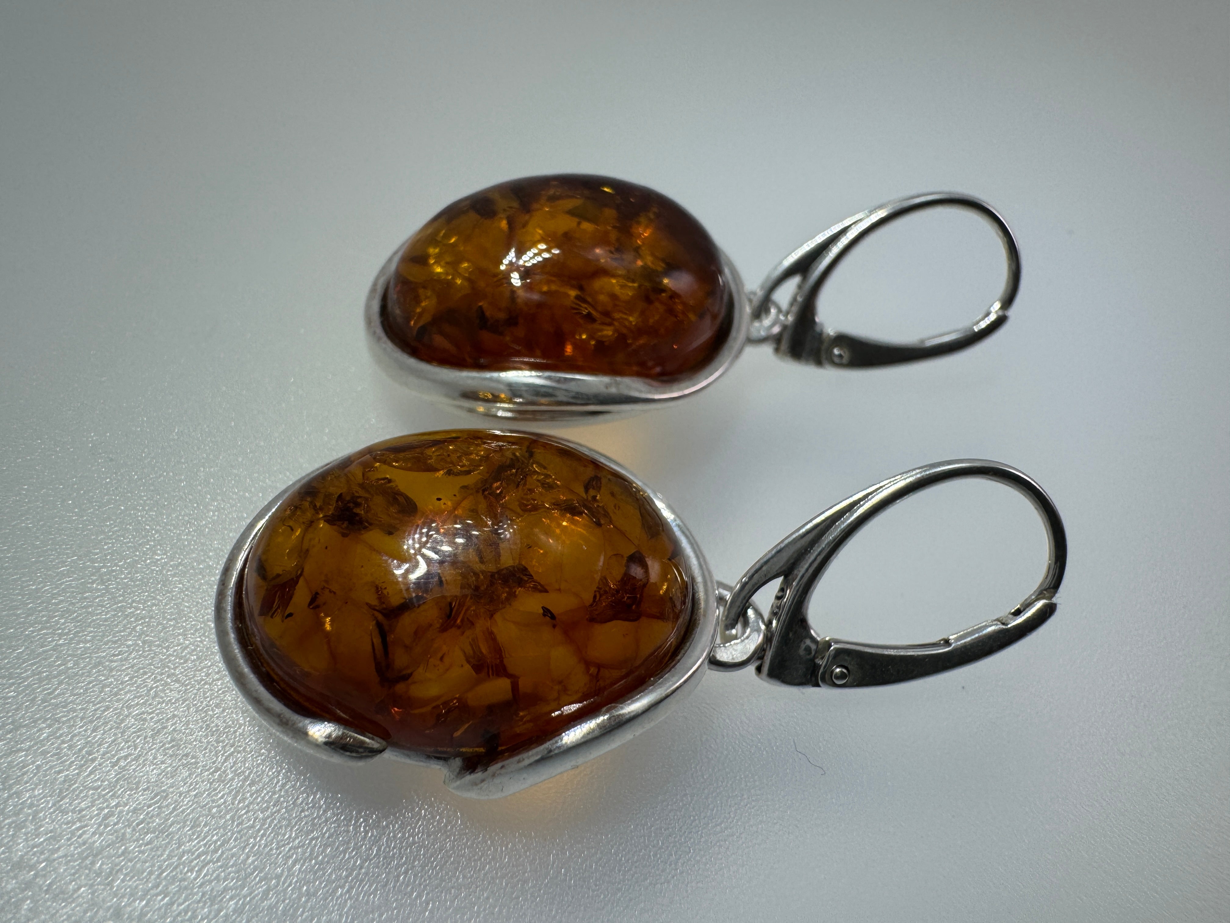 Large Genuine Baltic Amber Lever Back Earrings | Sterling Silver Cabochon Drops Handmade in Poland