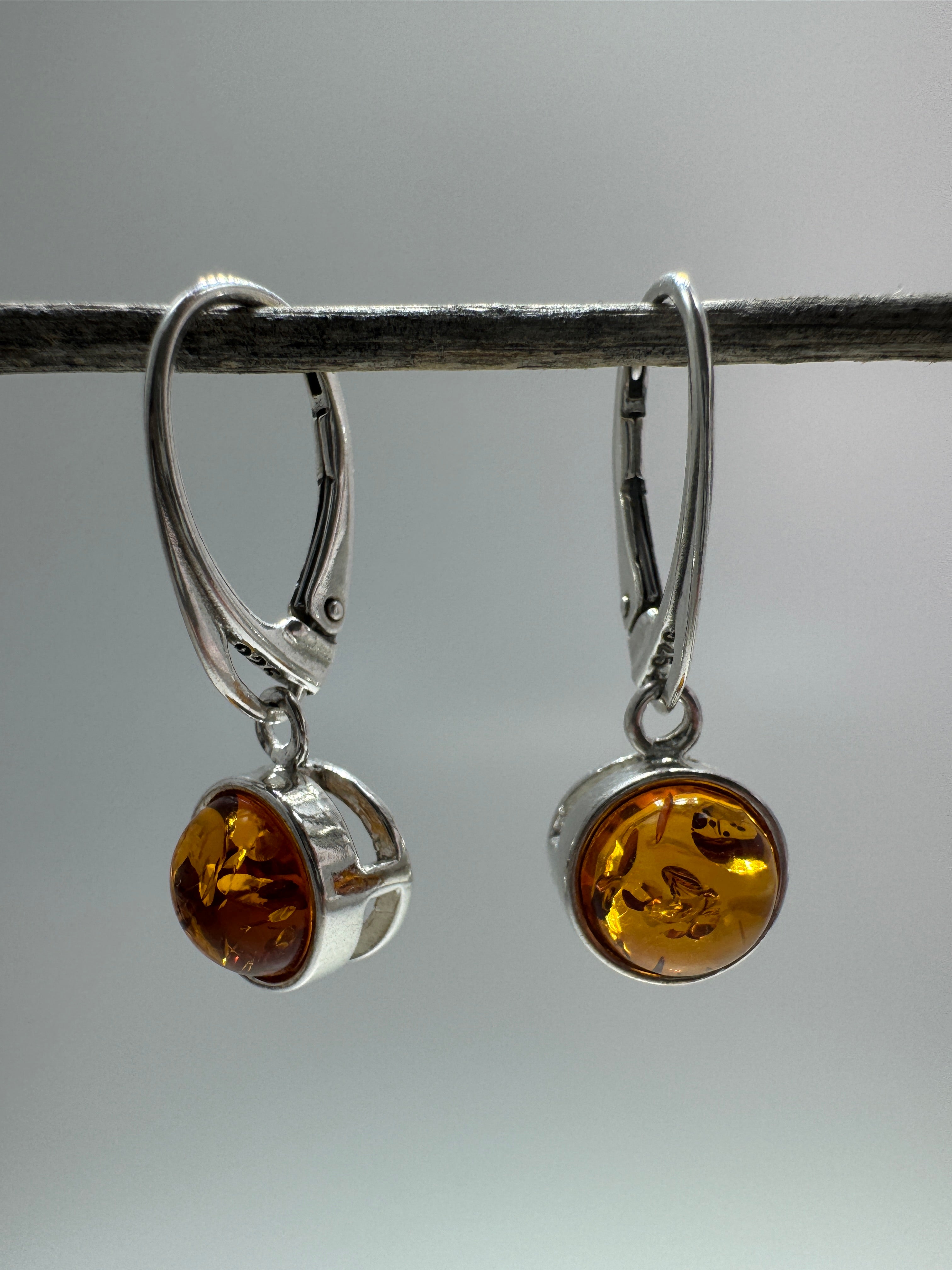 Modern Sterling Silver Dangle Earrings with Round Honey Baltic Amber – Lever Back Design