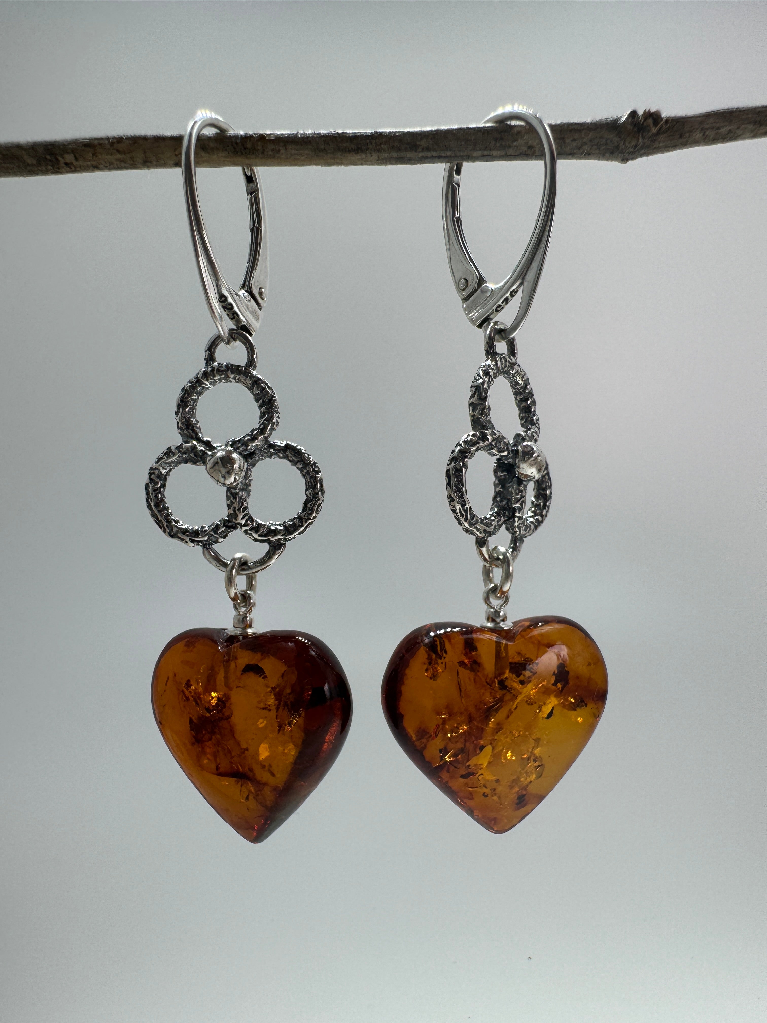 Handcrafted Oxidized Sterling Silver Leverback Earrings with 20mm Amber Hearts – Polish Artisan Jewelry