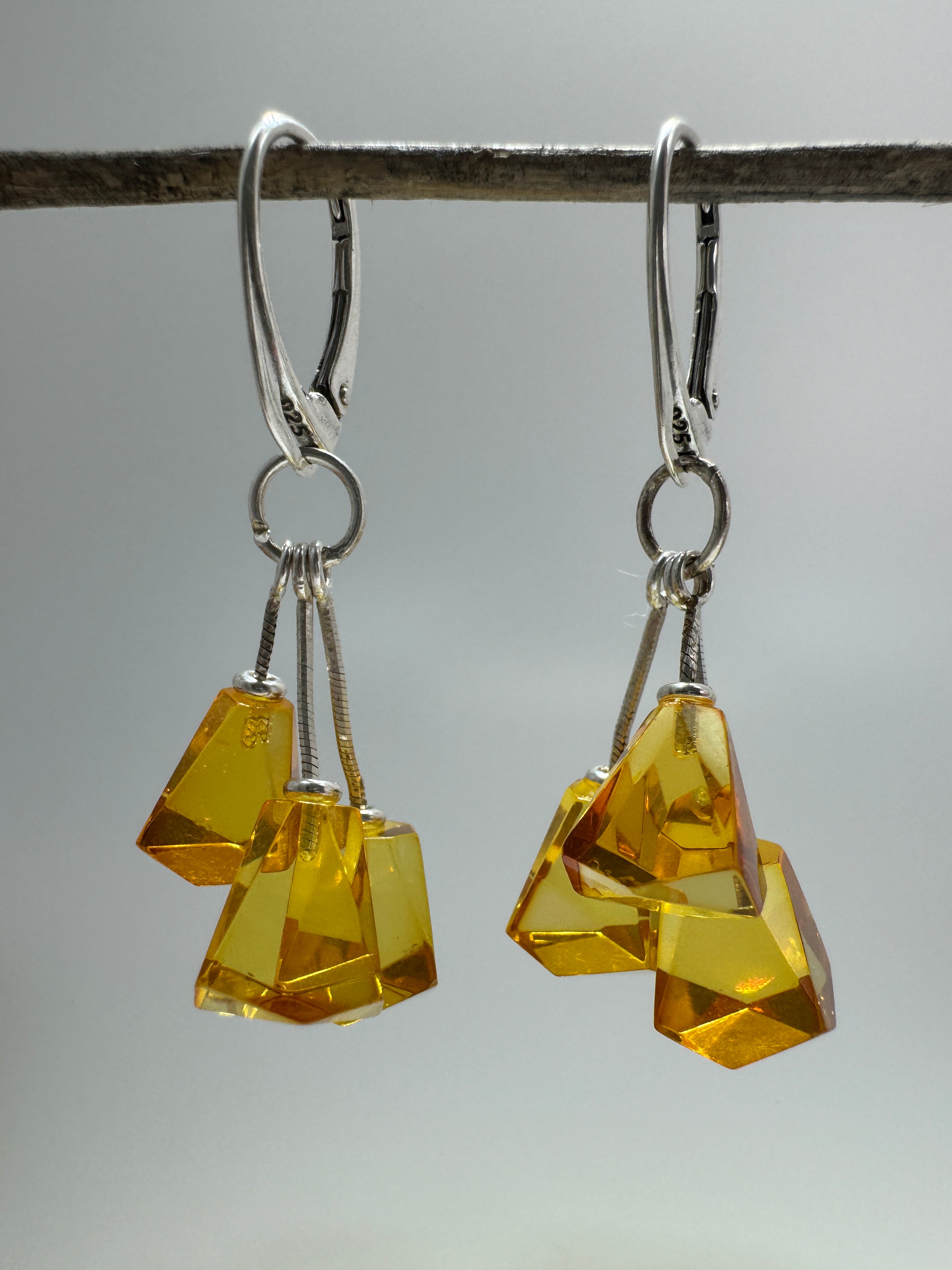 Triple Lemon Baltic Amber Dangle Leverback Earrings – Faceted Stones, Sterling Silver Lever Back - Elegant Everyday Dangle Design