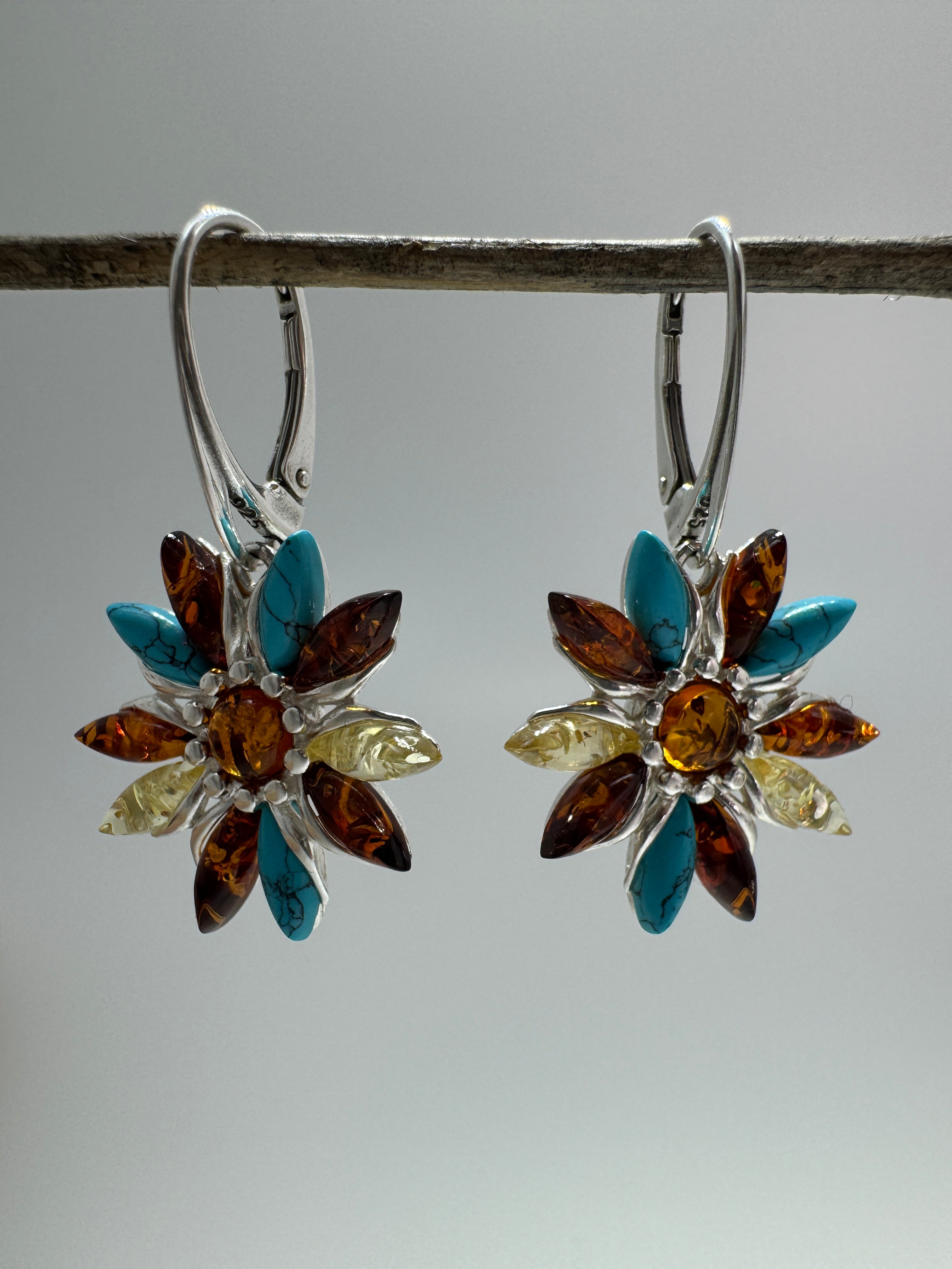 Sterling Silver Floral Dangle Earrings with Multicolor Baltic Amber and Turquoise - Leverback Closure - handmade in Poland