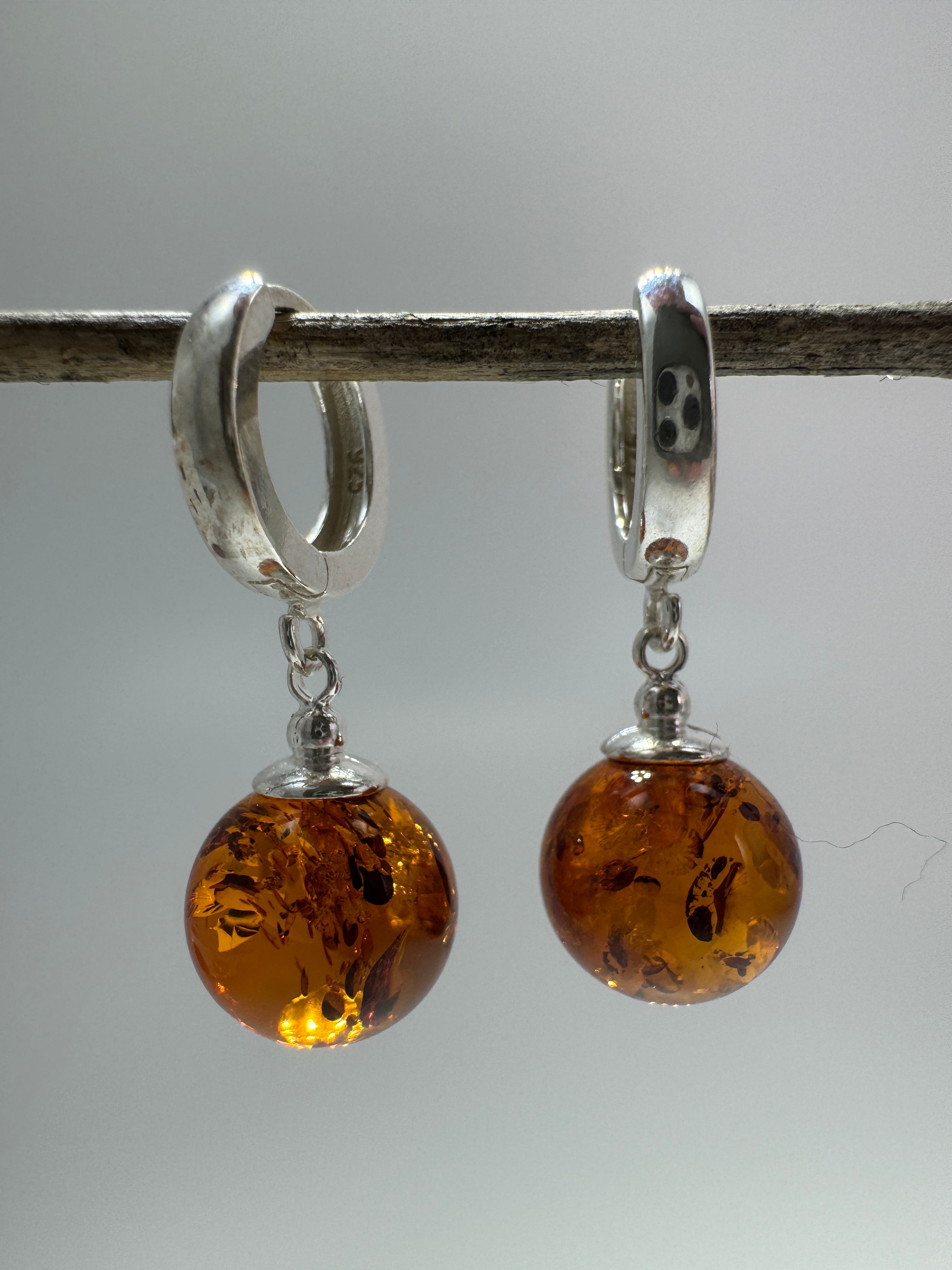 Sterling Silver Baltic Amber Ball Earrings – Cognac, Cherry or Green – French Closure