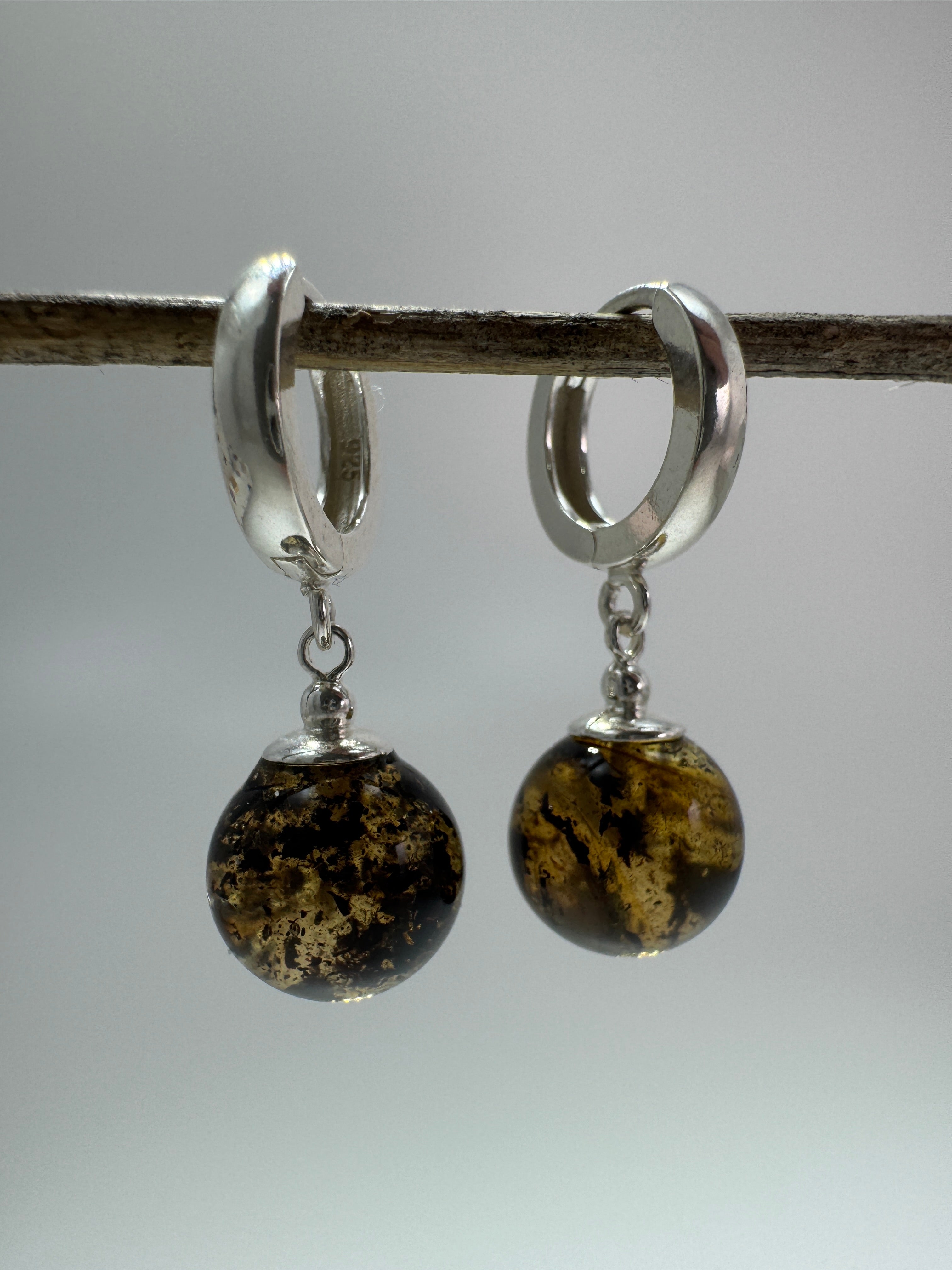 Sterling Silver Baltic Amber Ball Earrings – Cognac, Cherry or Green – French Closure