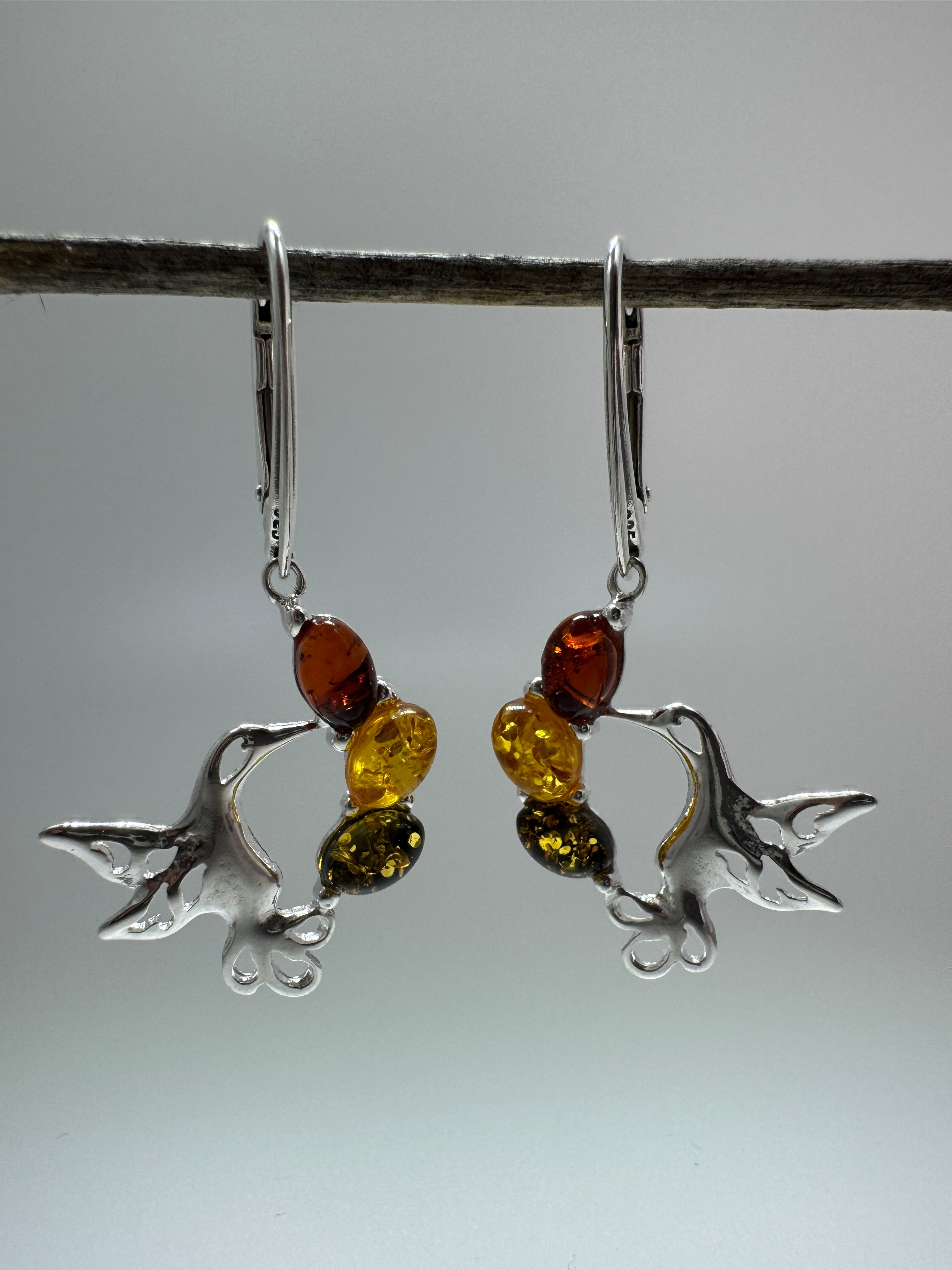 Hummingbird Baltic Amber Earrings – Sterling Silver Lever Back Dangle with Multicolor Stones