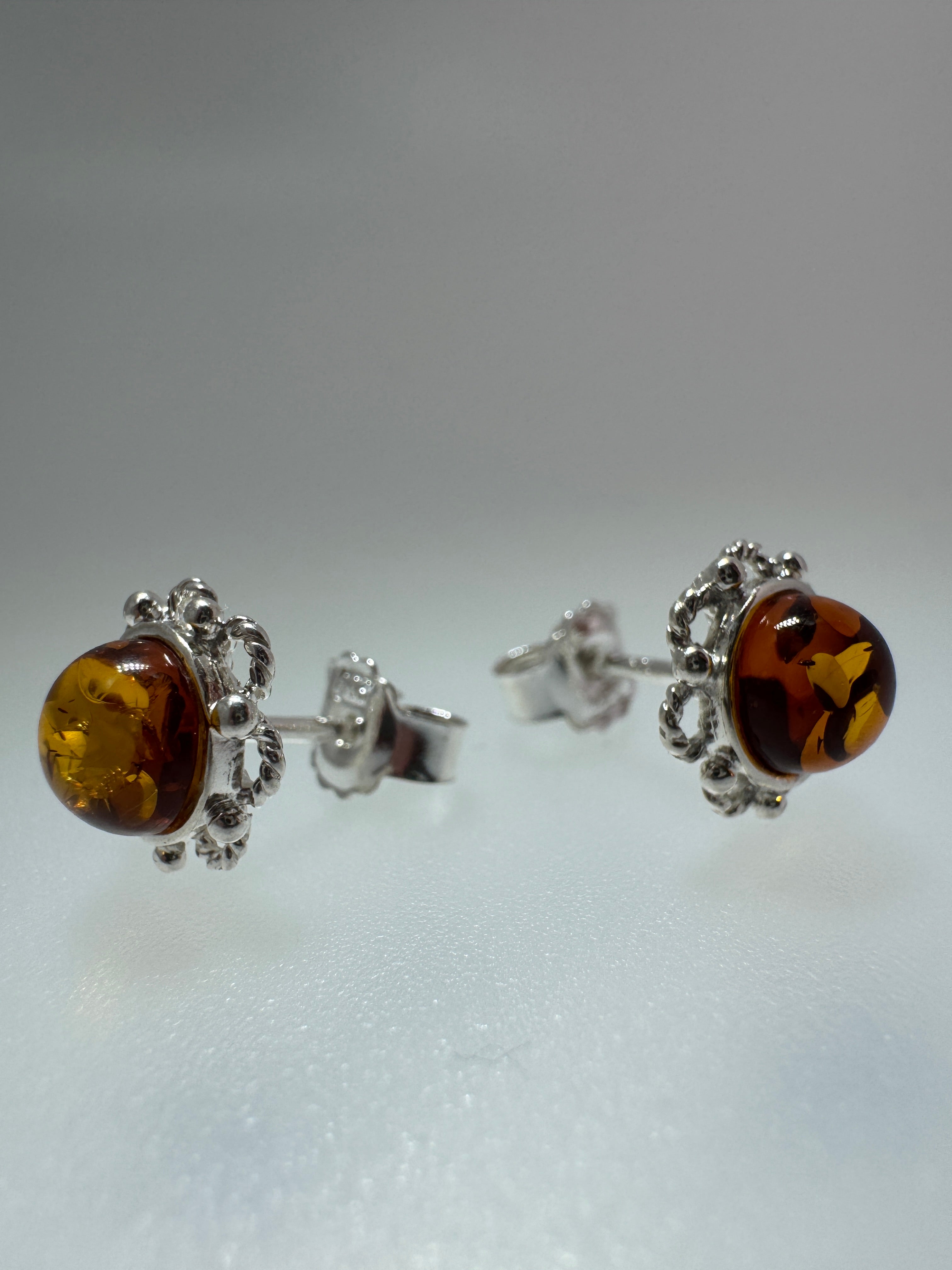 Simple Cognac Amber Post Earrings – Handmade Sterling Silver Floral Design