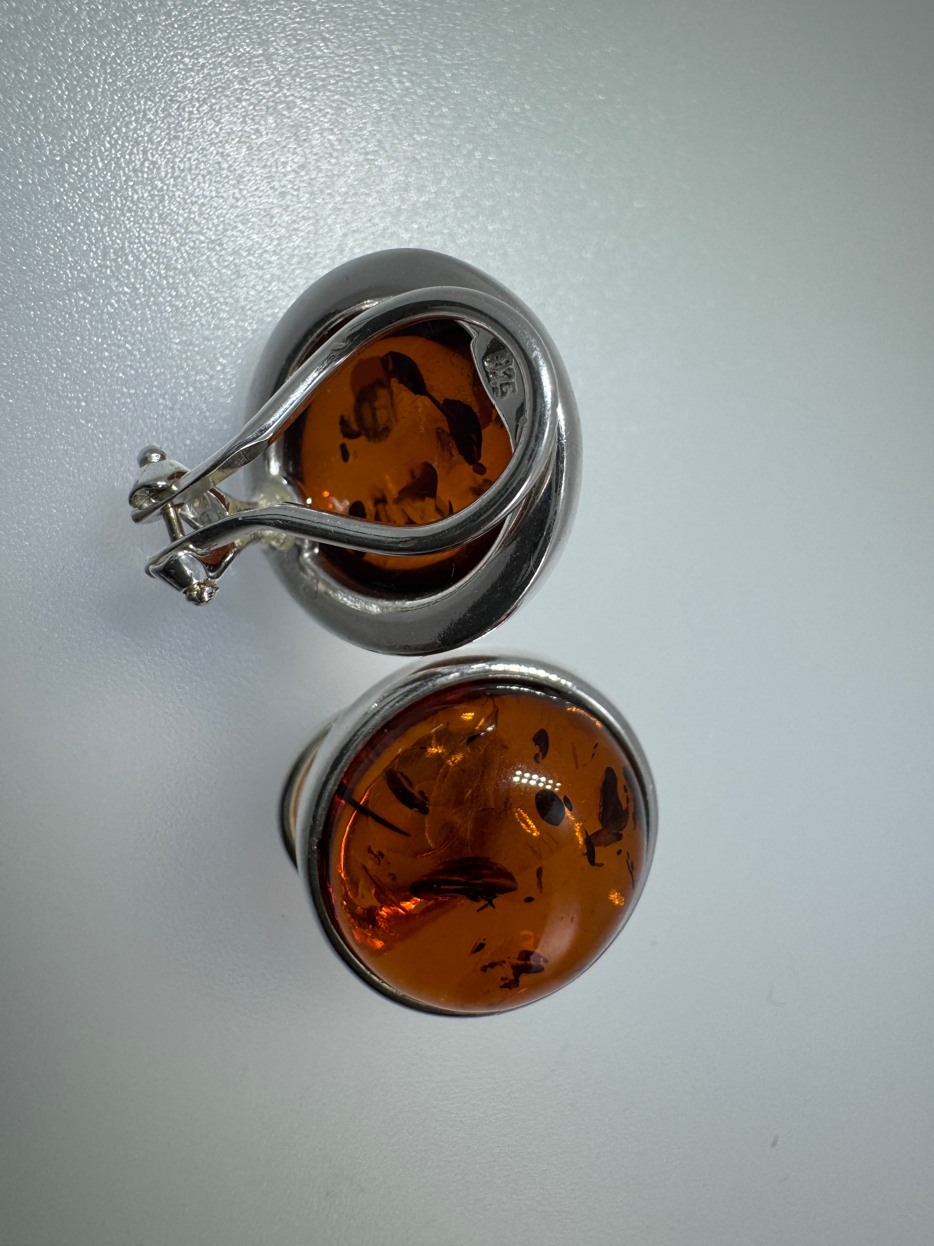 Cognac Baltic Amber Clip-On Earrings – Sterling Silver, 14 mm Round Cabochons, No Piercing Needed