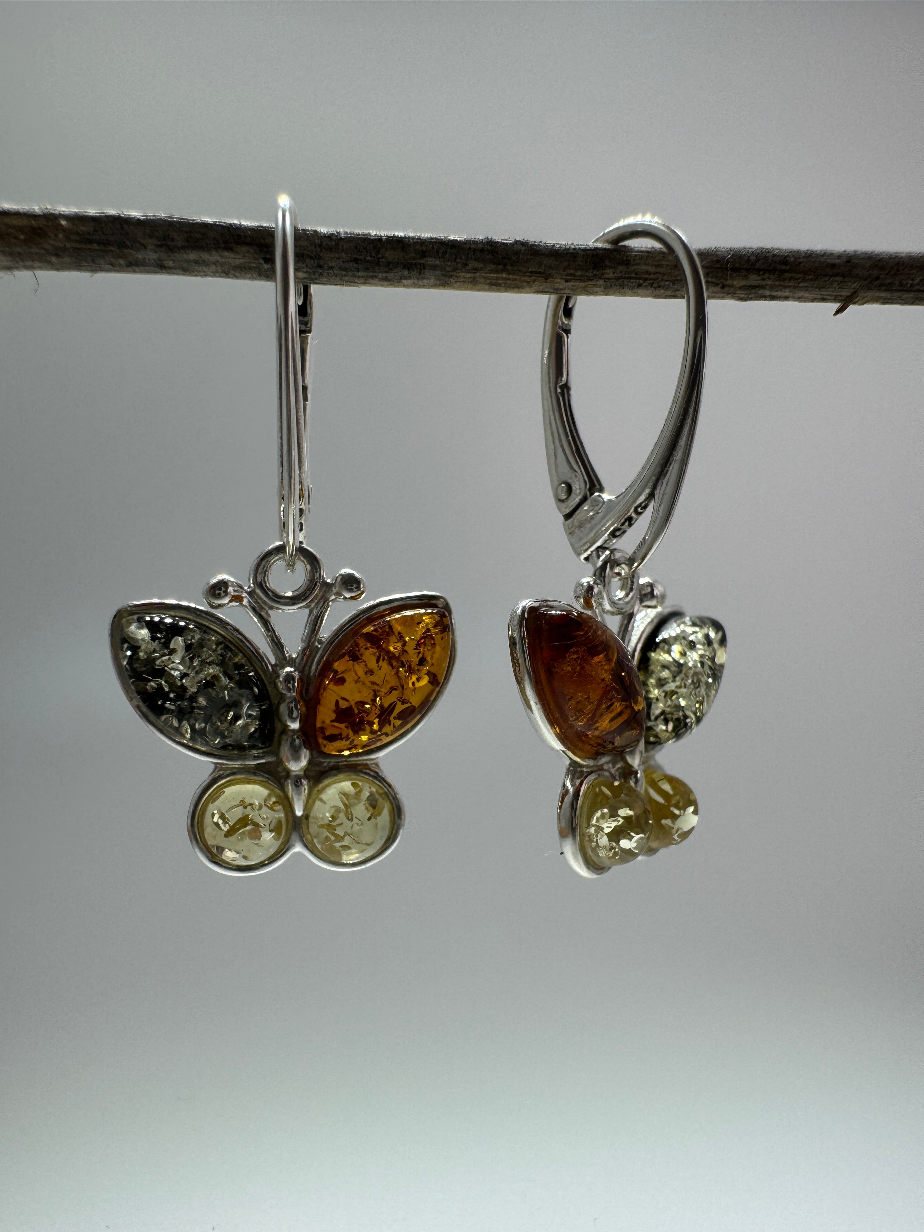 Multicolor Baltic Amber Butterfly Earrings – Sterling Silver Dangle Lever Back - Matching Pendant Available
