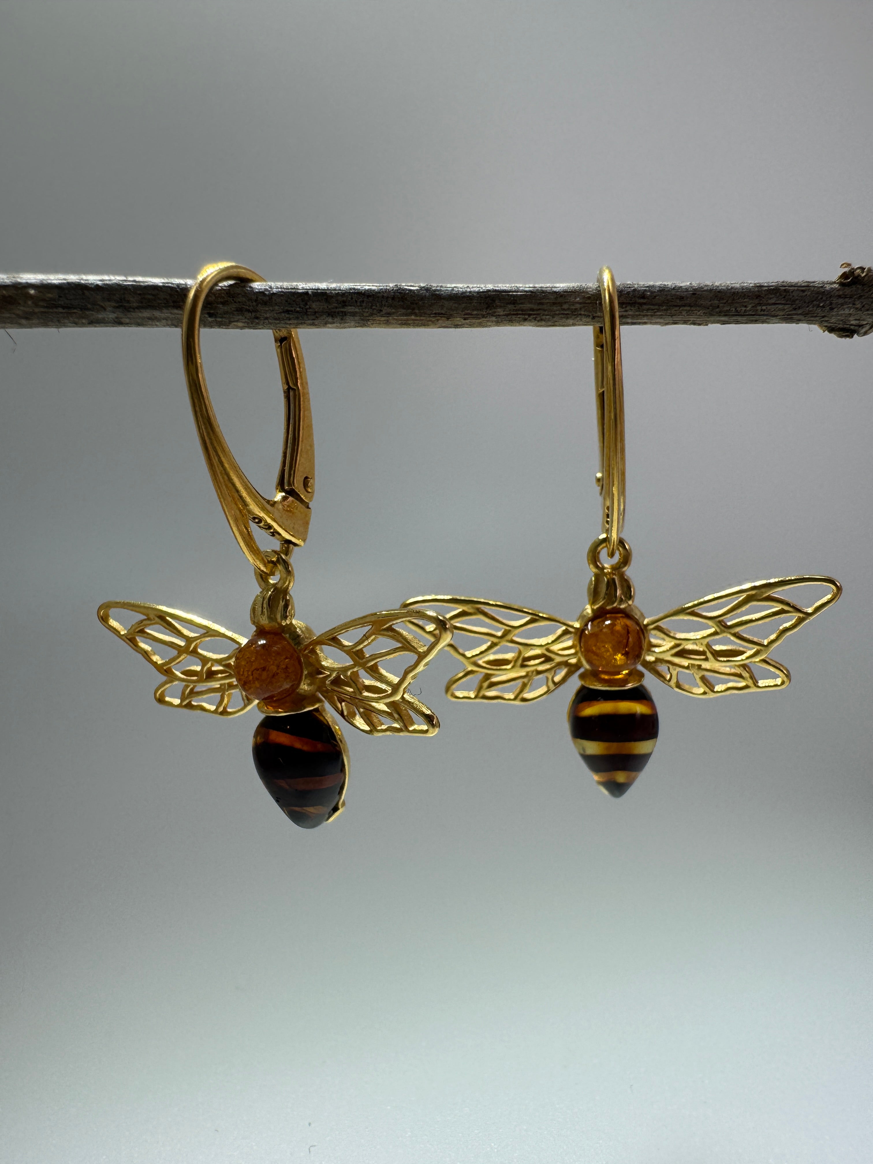 Gold Plated Baltic Amber Bumblebee Leverback Earrings – Sterling Silver Dangle Design