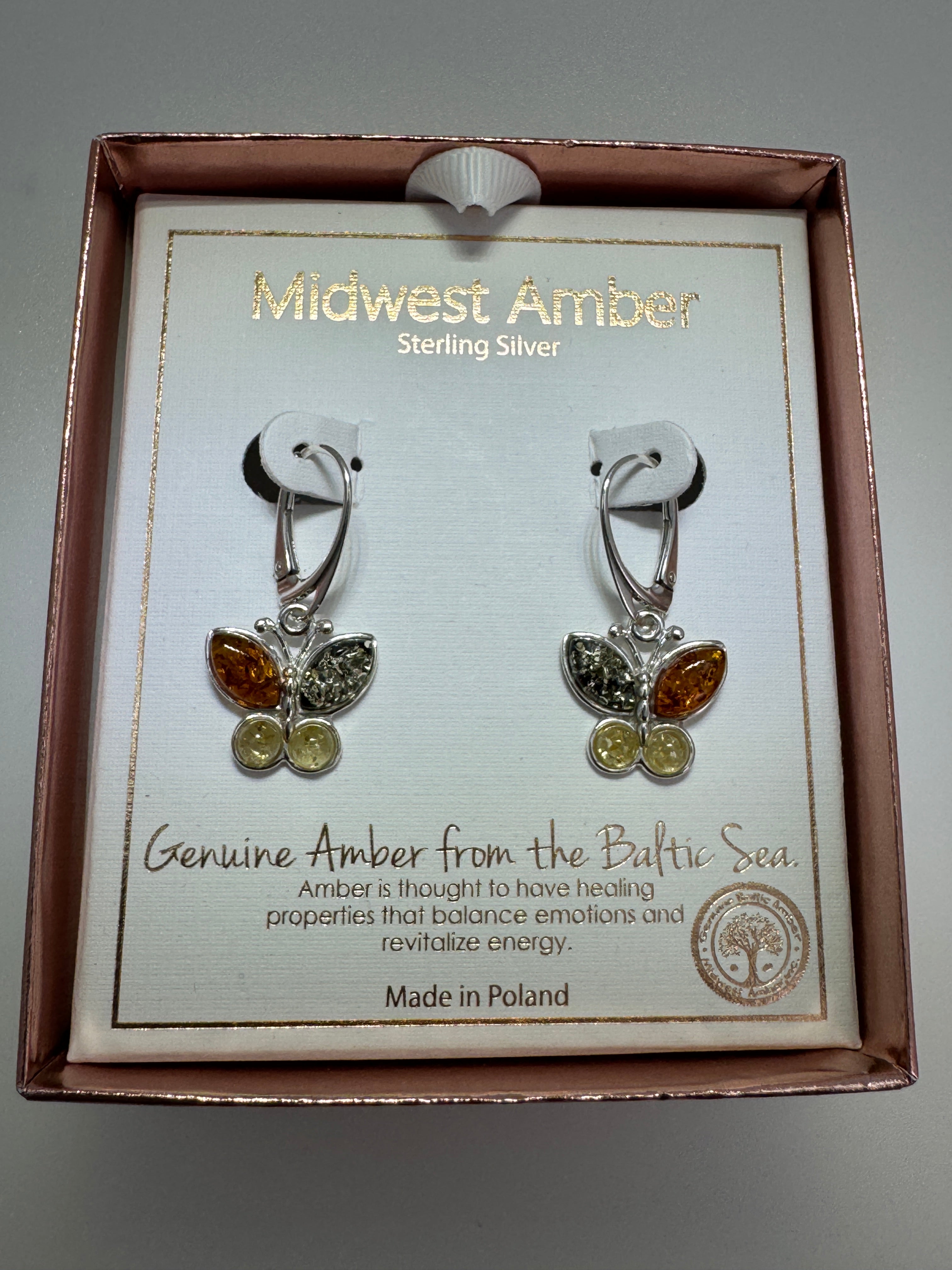 Multicolor Baltic Amber Butterfly Earrings – Sterling Silver Dangle Lever Back - Matching Pendant Available