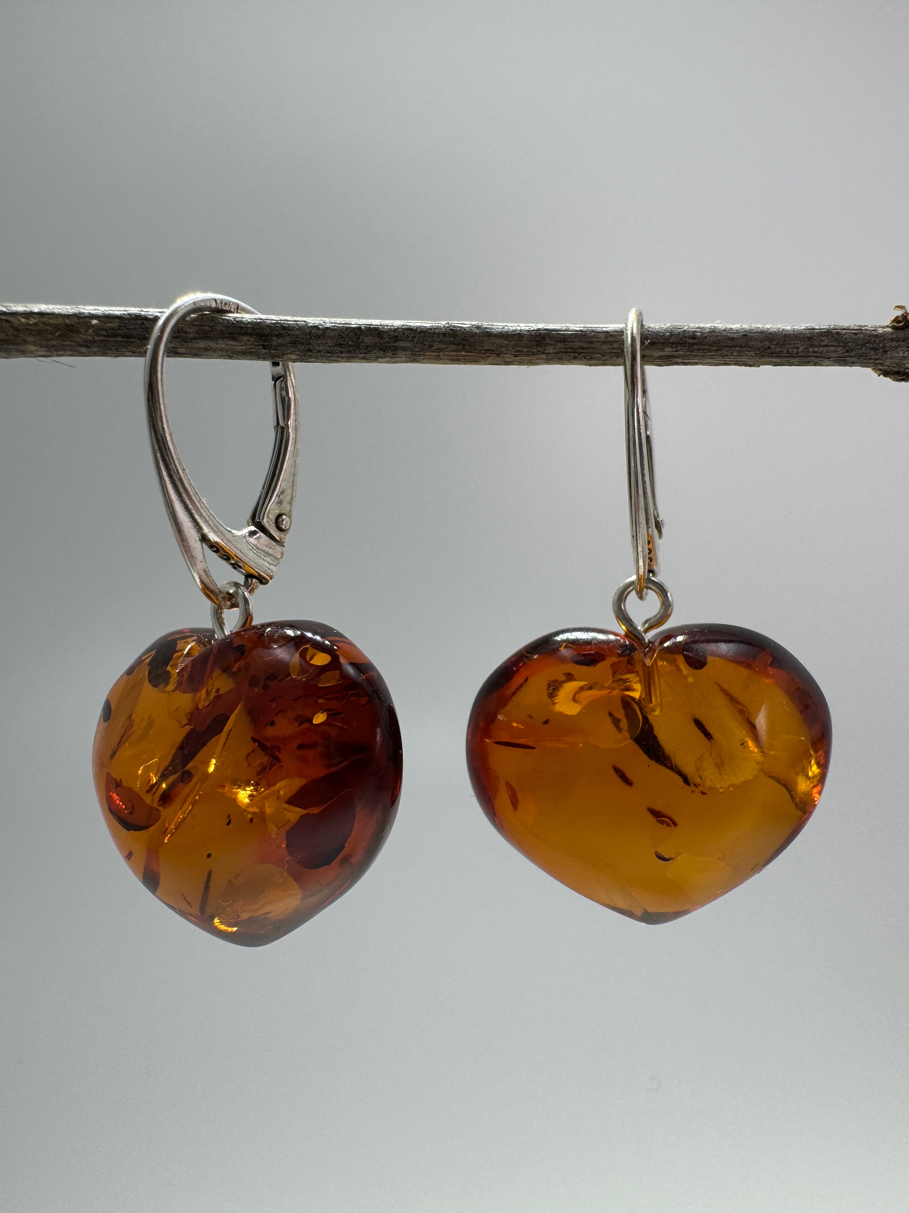 Cognac Baltic Amber Heart Dangle Earrings | Lever Back Handmade Jewelry | Natural Amber Gift for Her