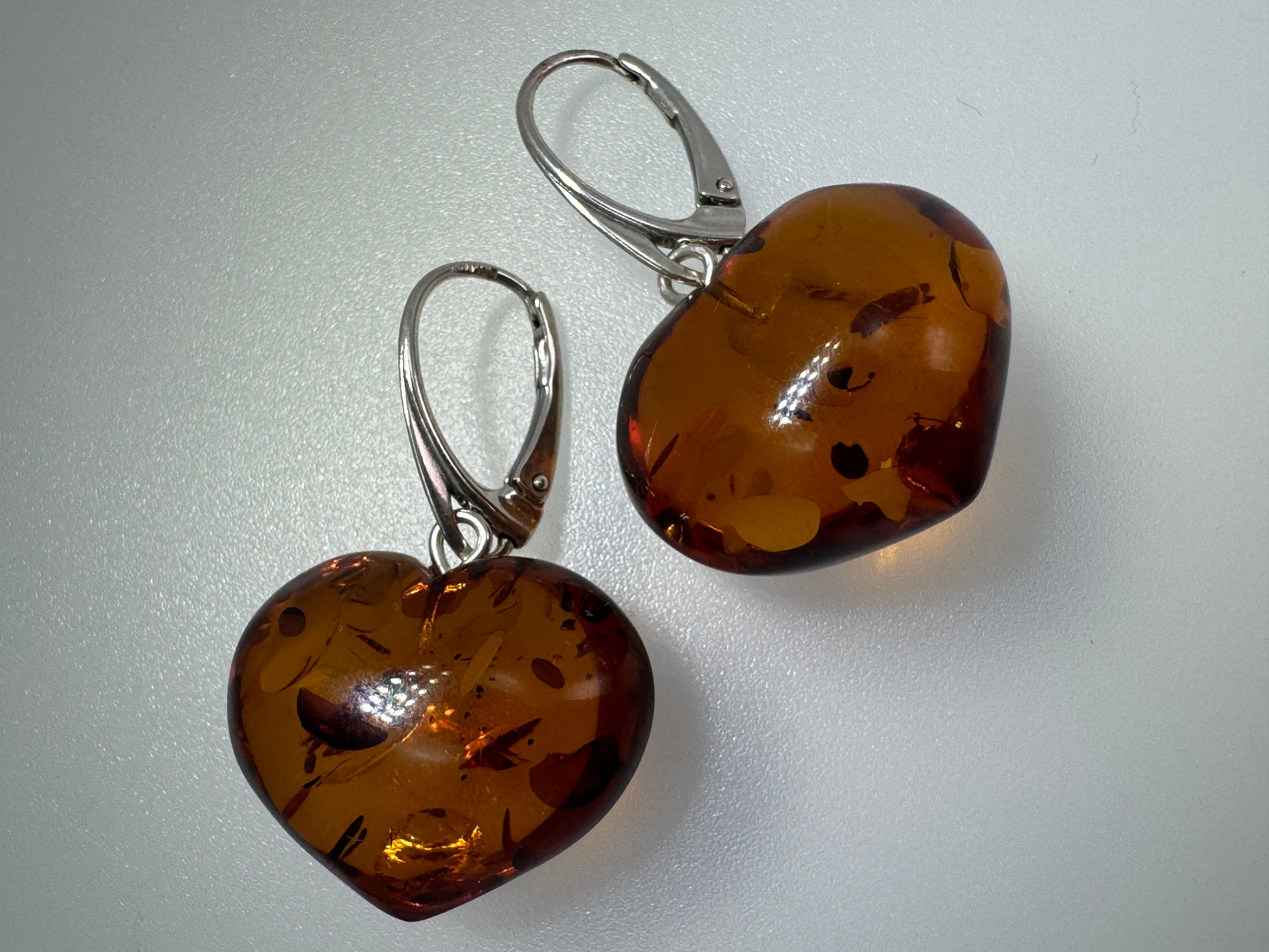 Cognac Baltic Amber Heart Dangle Earrings | Lever Back Handmade Jewelry | Natural Amber Gift for Her