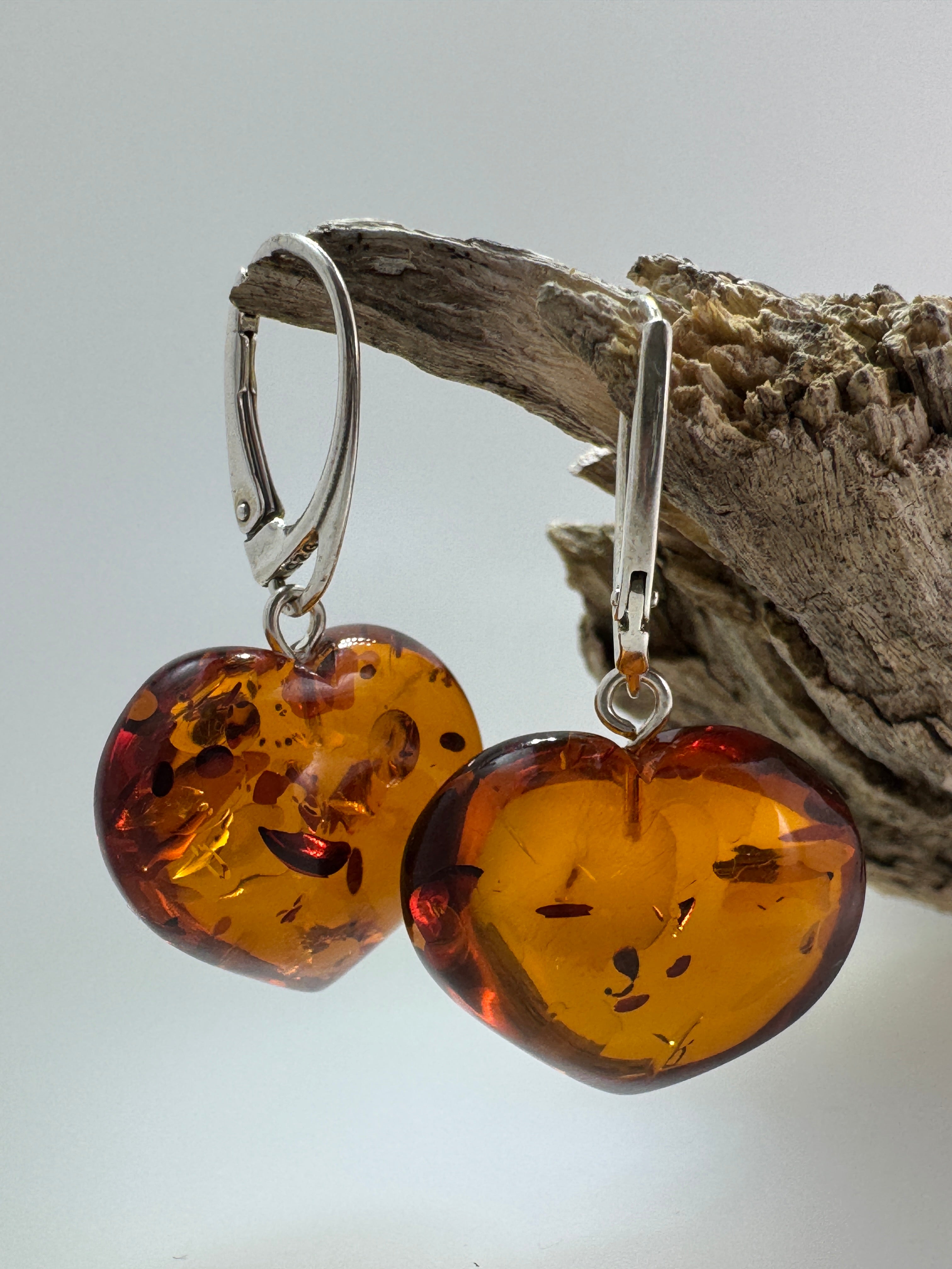 Cognac Baltic Amber Heart Dangle Earrings | Lever Back Handmade Jewelry | Natural Amber Gift for Her