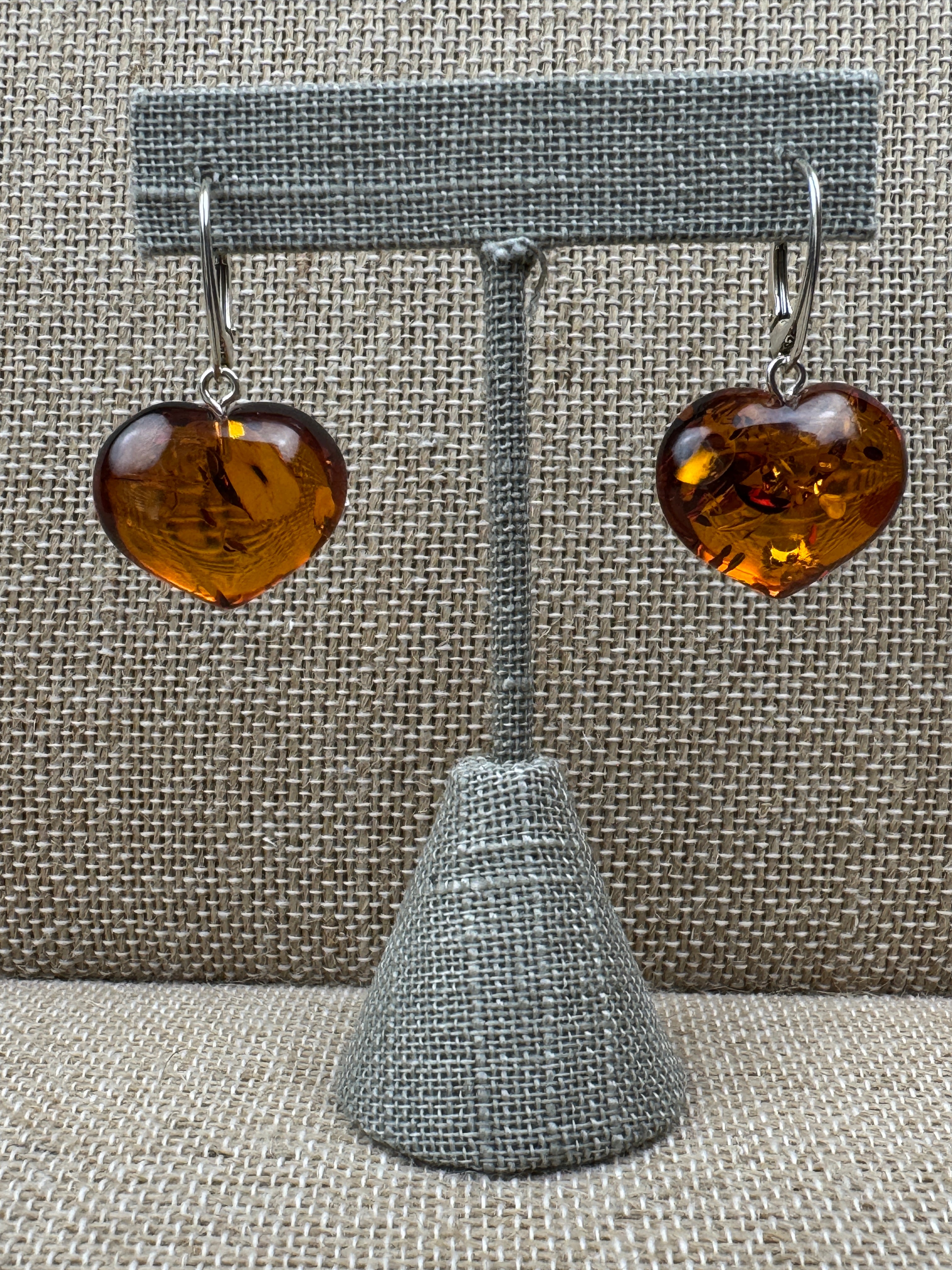Cognac Baltic Amber Heart Dangle Earrings | Lever Back Handmade Jewelry | Natural Amber Gift for Her