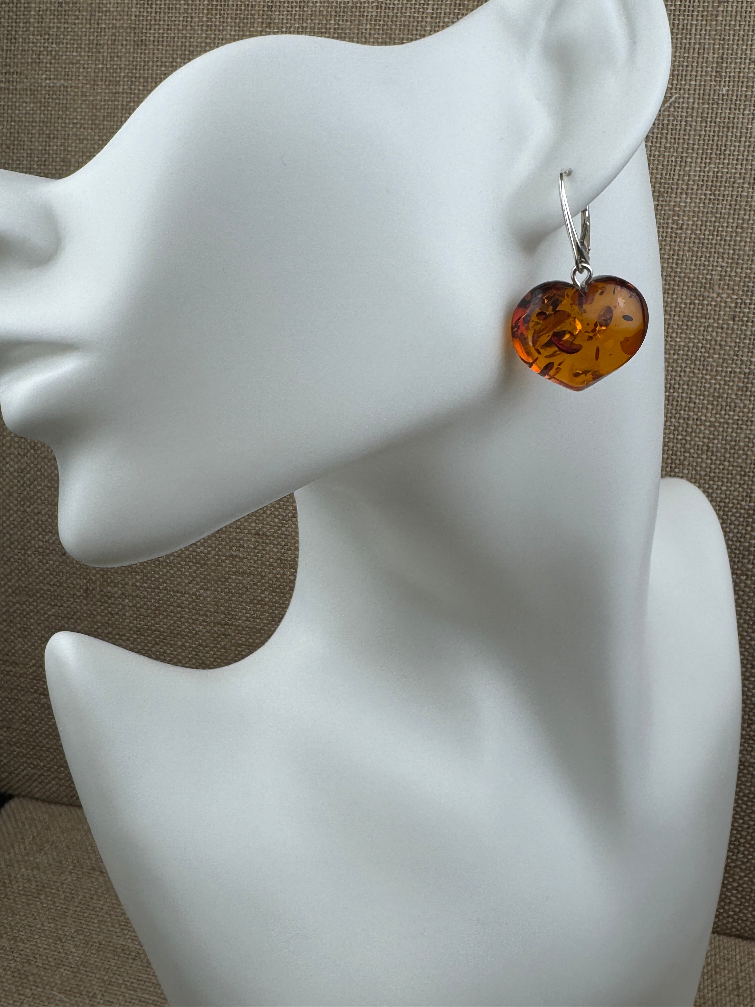 Cognac Baltic Amber Heart Dangle Earrings | Lever Back Handmade Jewelry | Natural Amber Gift for Her