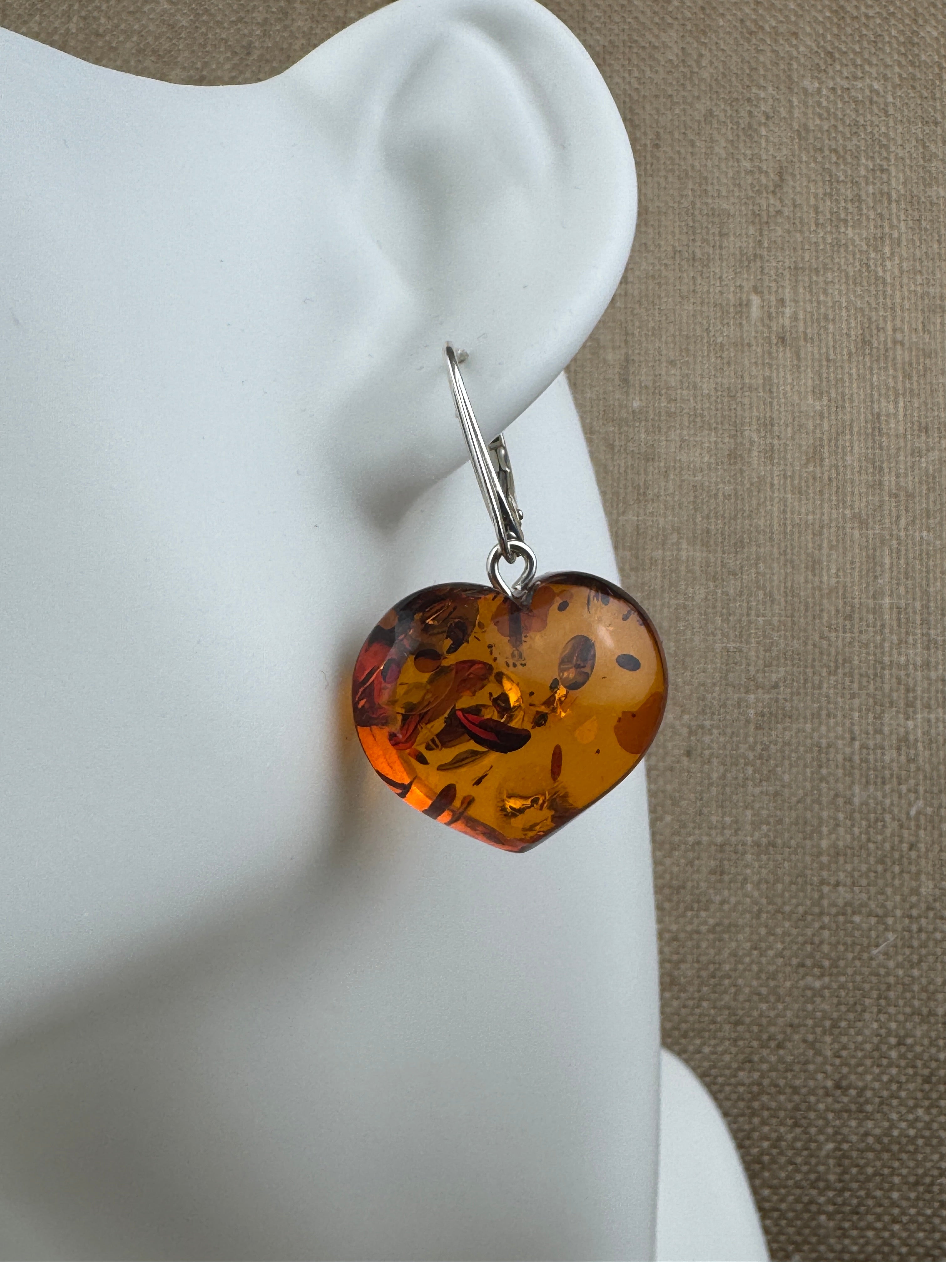 Cognac Baltic Amber Heart Dangle Earrings | Lever Back Handmade Jewelry | Natural Amber Gift for Her