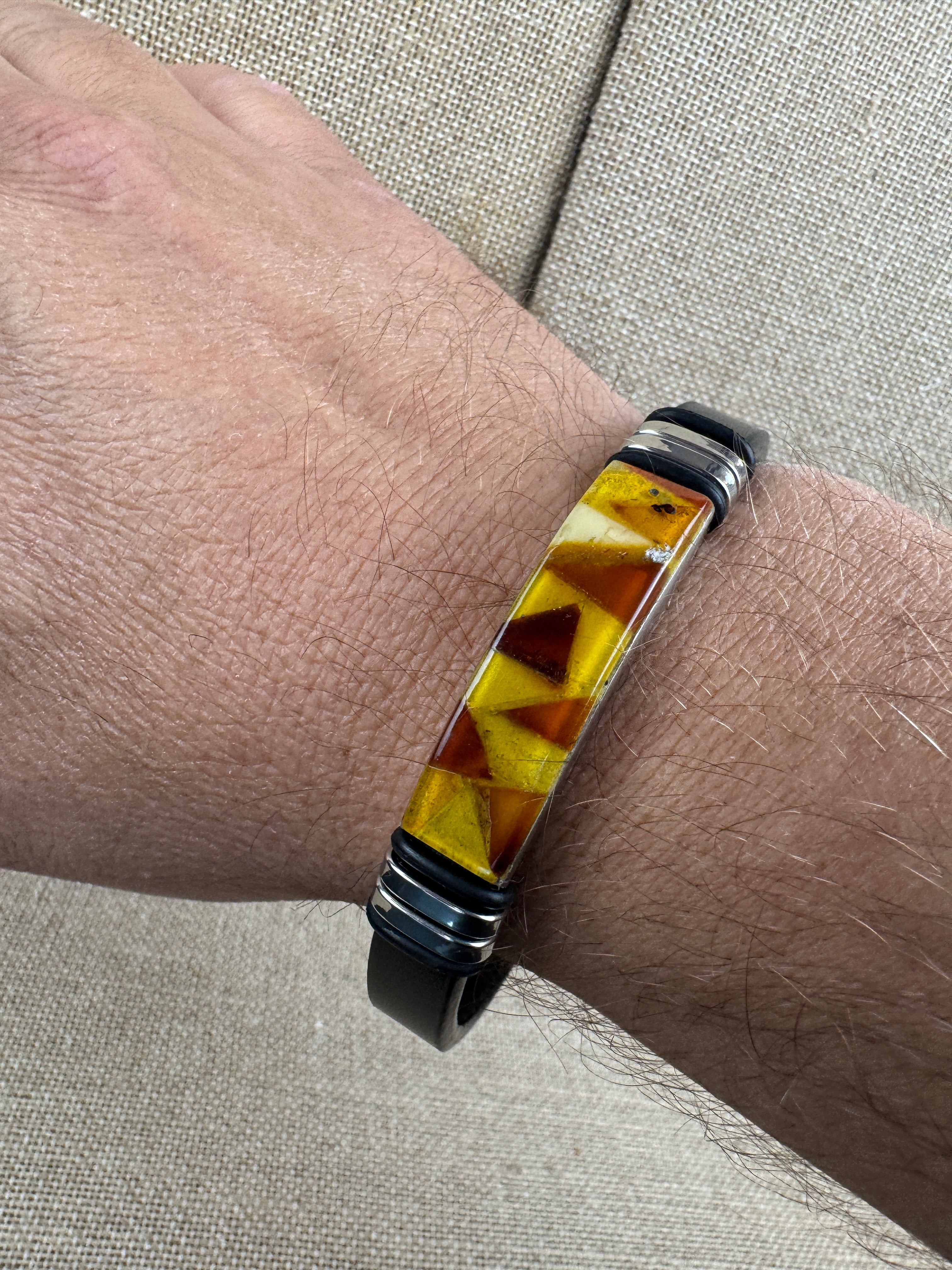 Men’s Black Genuine Leather Bracelet with Mosaic Inlay Baltic Amber – 9.5” Adjustable Length - Handmade Gift for Him