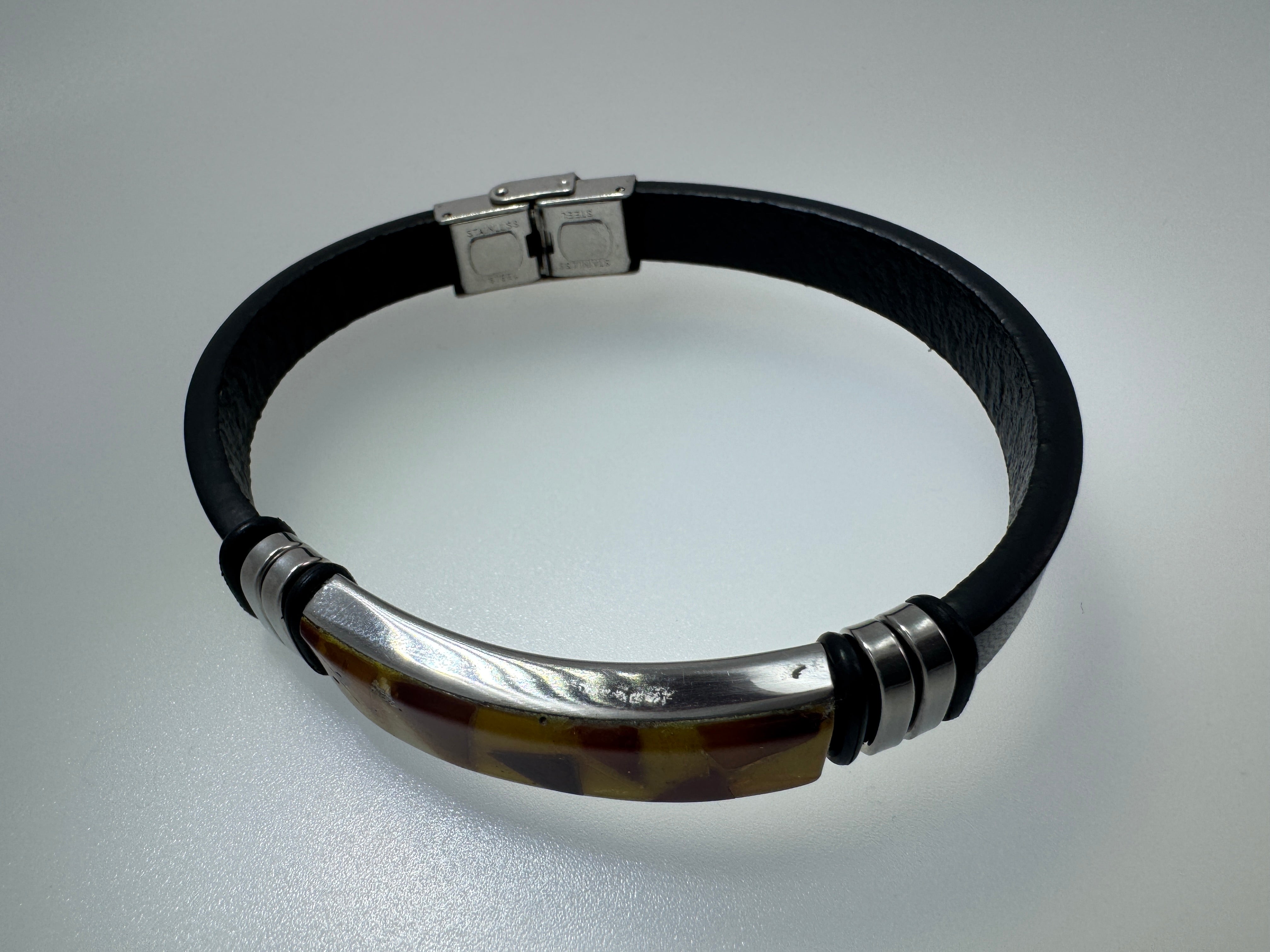 Men’s Black Genuine Leather Bracelet with Mosaic Inlay Baltic Amber – 9.5” Adjustable Length - Handmade Gift for Him
