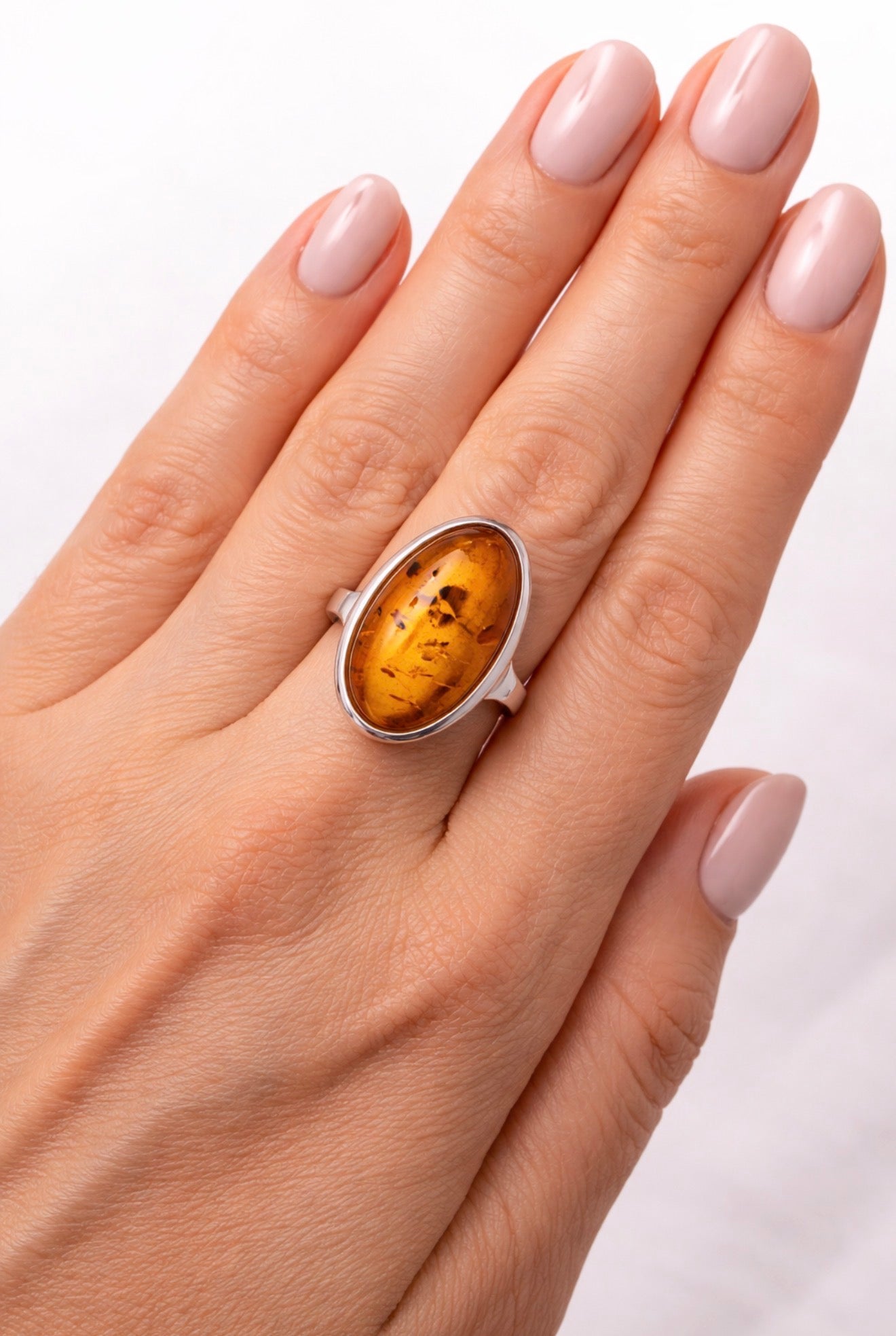 Classic Baltic Amber Ring in Sterling Silver – Oval Cabochon Honey, Green or Butterscotch, Handmade in Poland