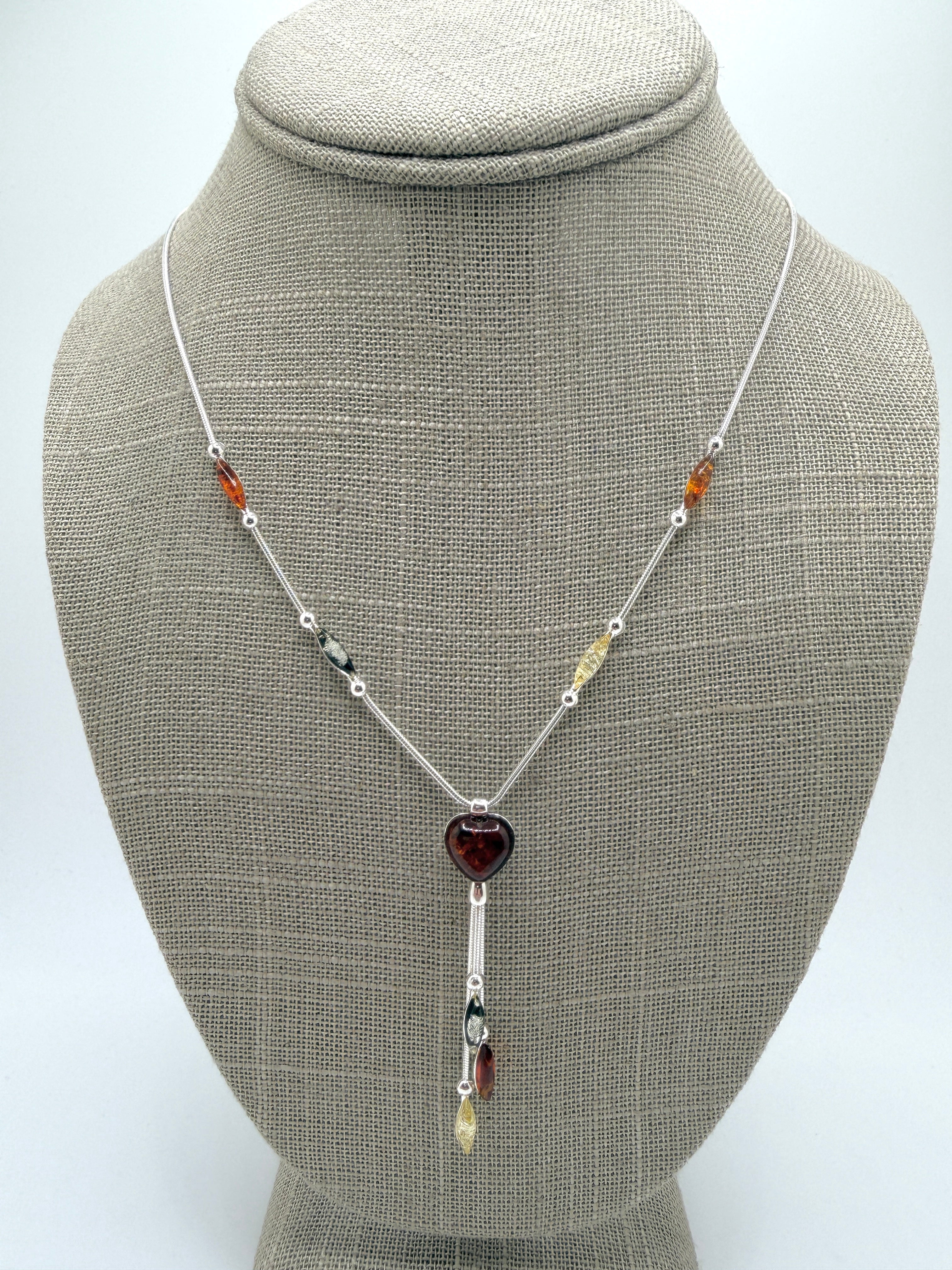 Multicolor Baltic Amber Lariat Necklace – Sterling Silver with Cognac Heart & Hanging Amber Drops