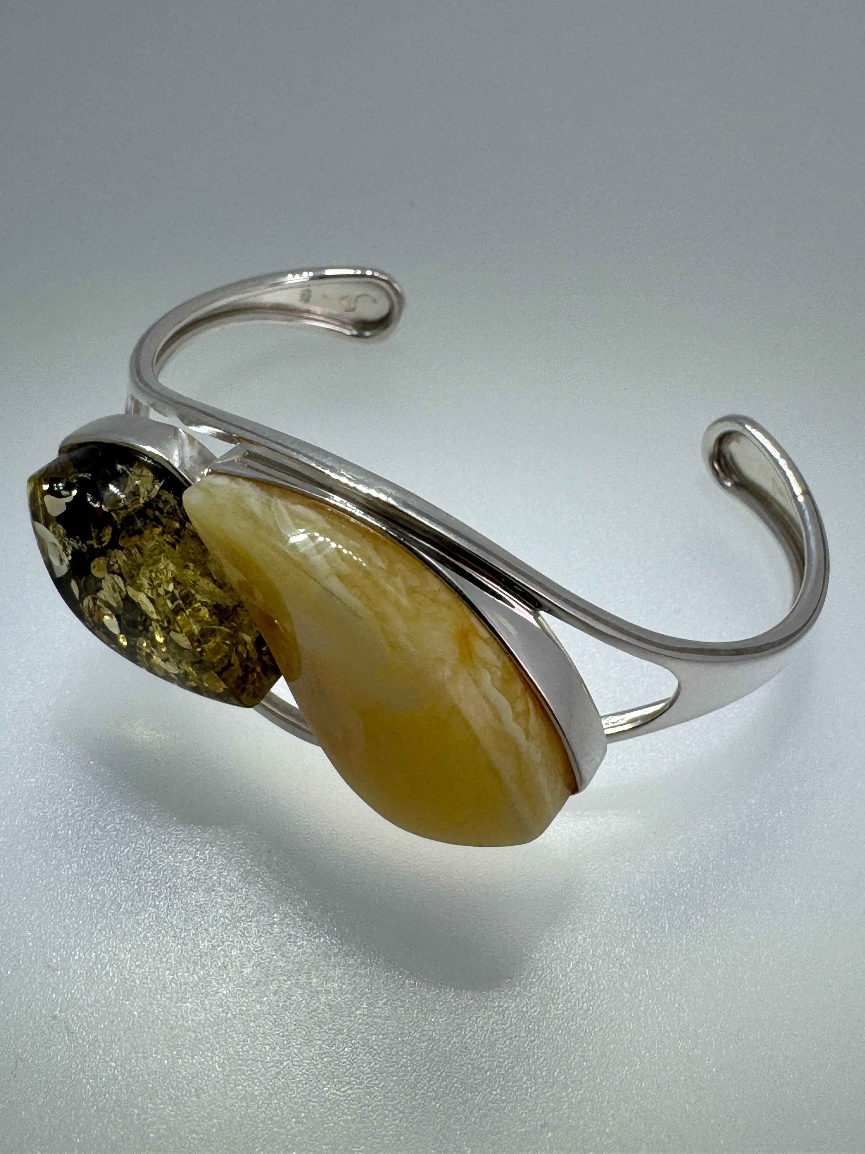 Handmade Sterling Silver Baltic Amber Cuff Bracelet – Green & Butterscotch Statement Piece