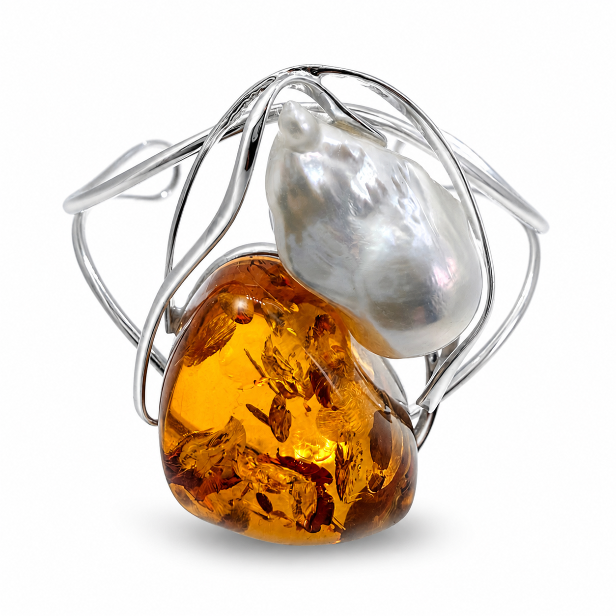 Keshi Pearl & Sterling Silver Baltic Amber Cuff Bracelet – One of a Kind Museum Quality Statement Piece