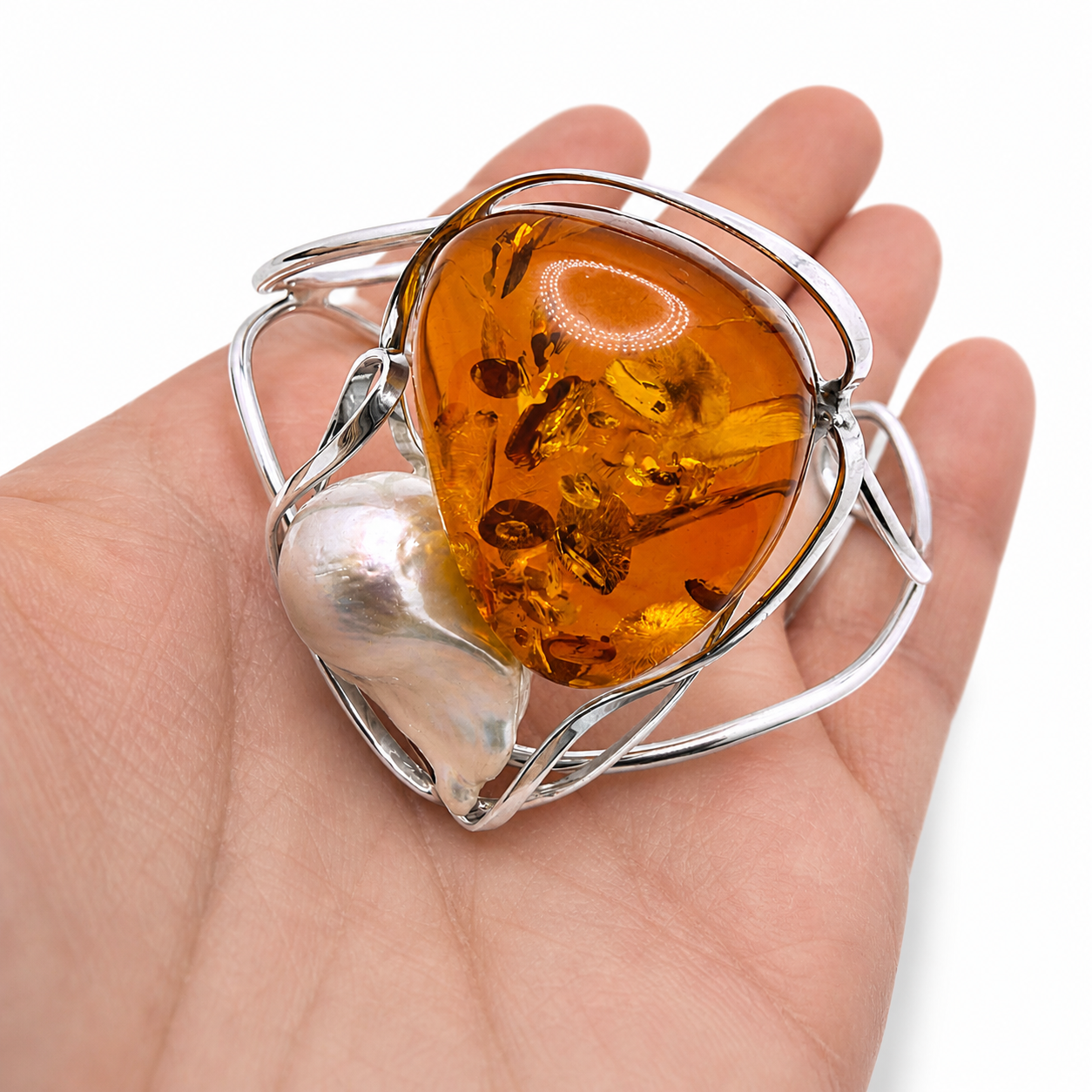 Keshi Pearl & Sterling Silver Baltic Amber Cuff Bracelet – One of a Kind Museum Quality Statement Piece