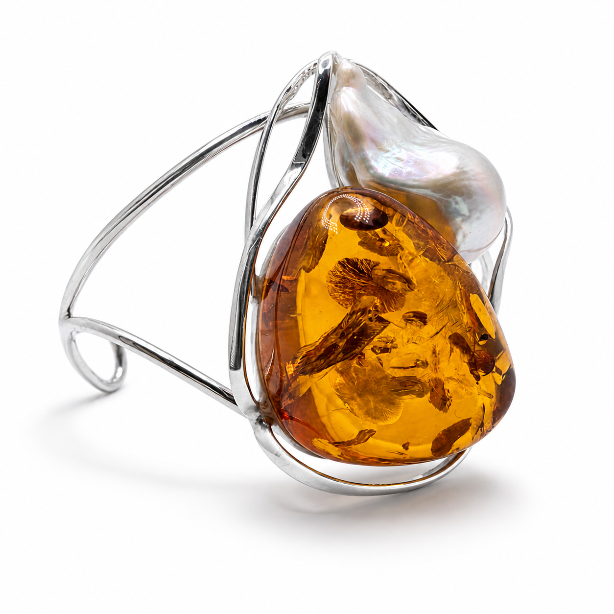 Keshi Pearl & Sterling Silver Baltic Amber Cuff Bracelet – One of a Kind Museum Quality Statement Piece