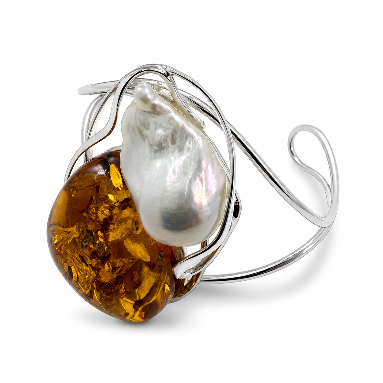 Keshi Pearl & Sterling Silver Baltic Amber Cuff Bracelet – One of a Kind Museum Quality Statement Piece