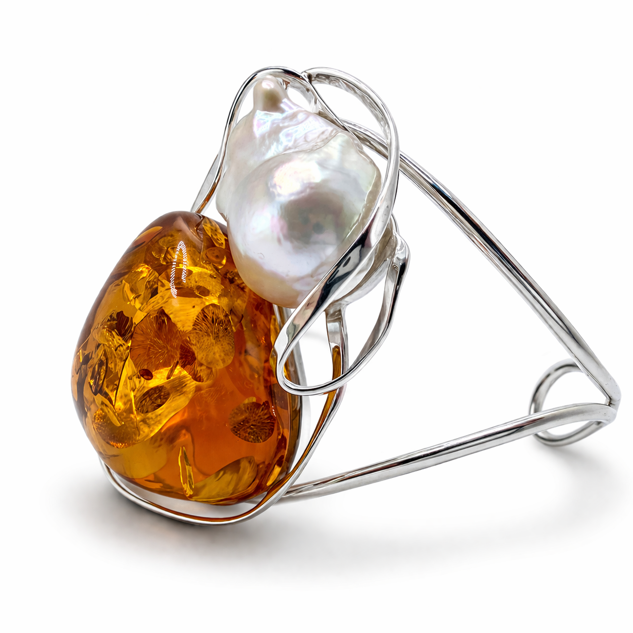 Keshi Pearl & Sterling Silver Baltic Amber Cuff Bracelet – One of a Kind Museum Quality Statement Piece