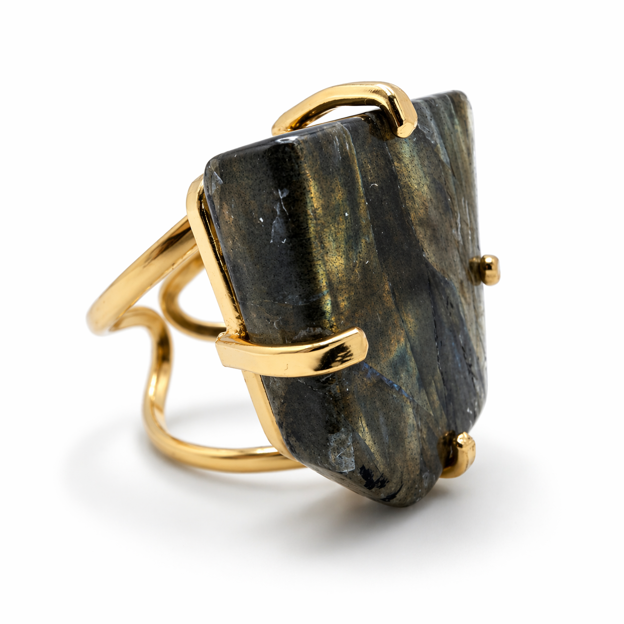 Labradorite Statement Ring Gold Plated Brass, Adjustable Open Shank Ring, Handmade Brazil Gemstone Jewelry, Flash Labradorite One of a Kind Ring